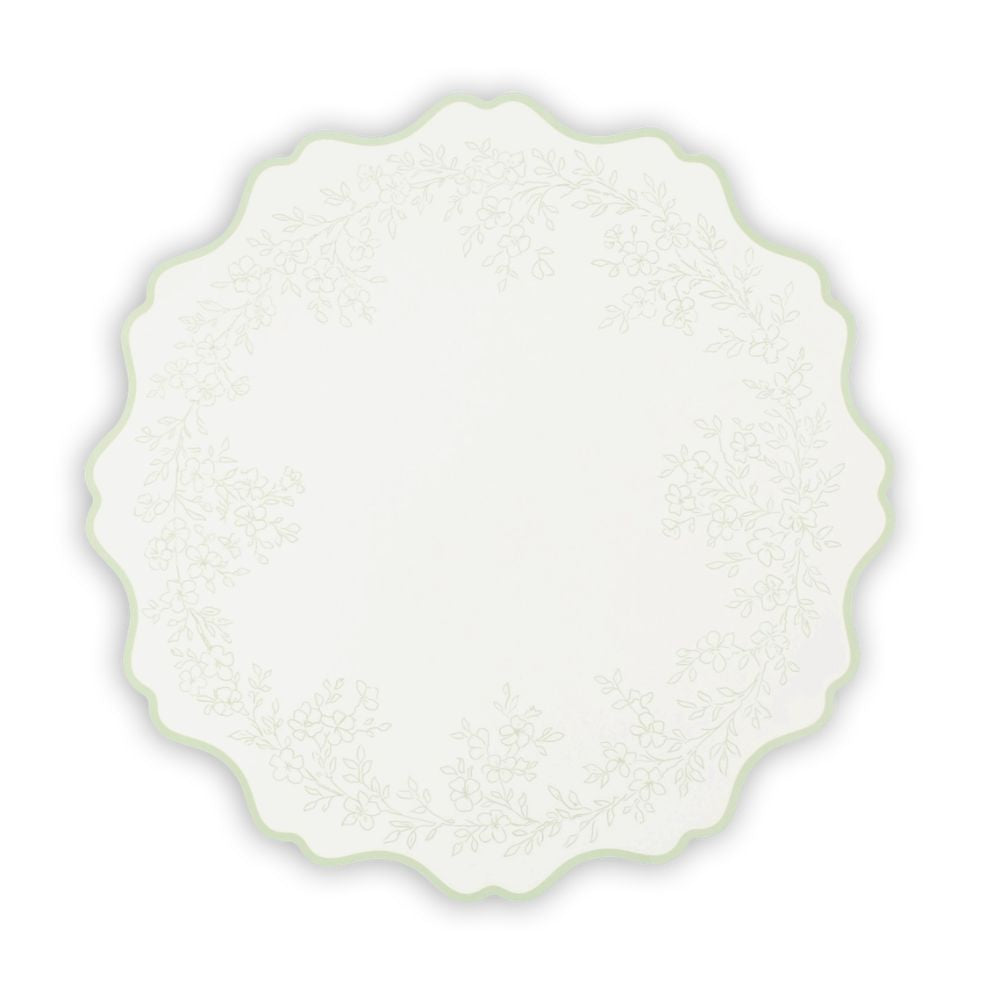 sage green floral placemat with scalloped edge.