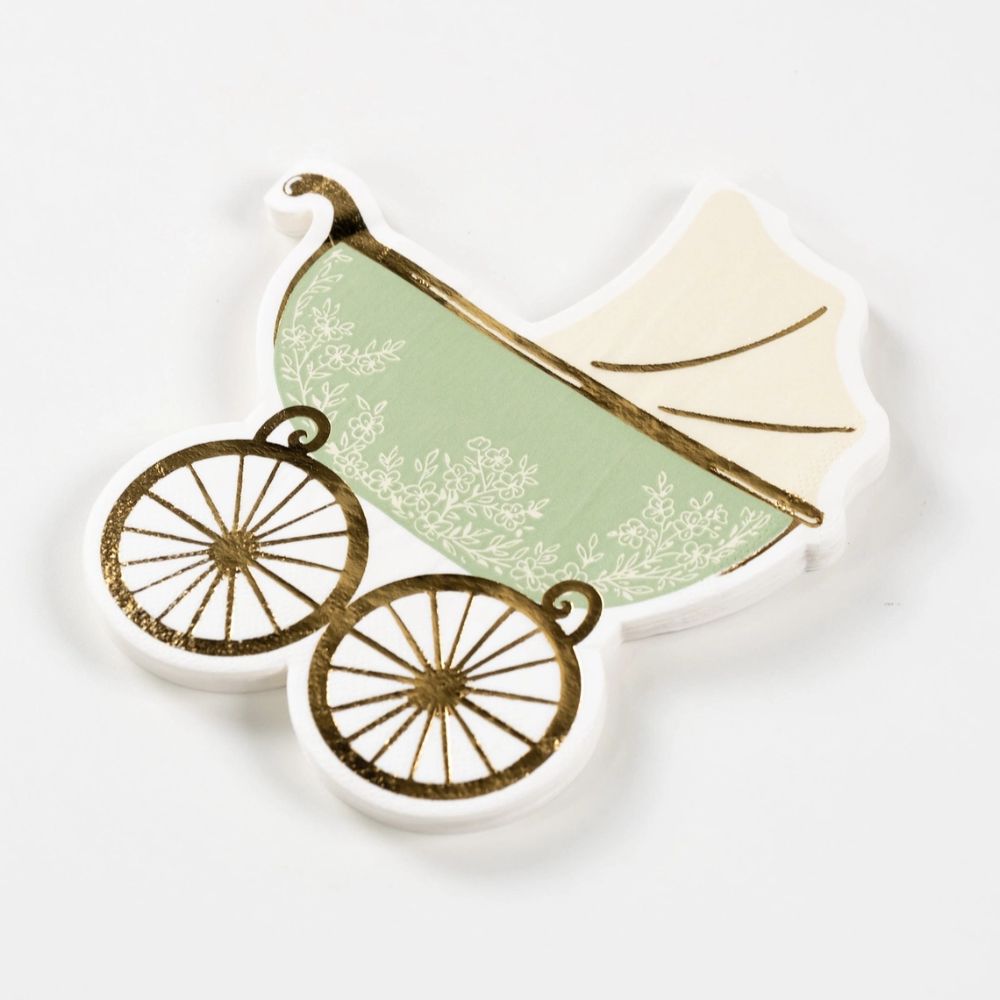 stack of sage baby carriage napkins.