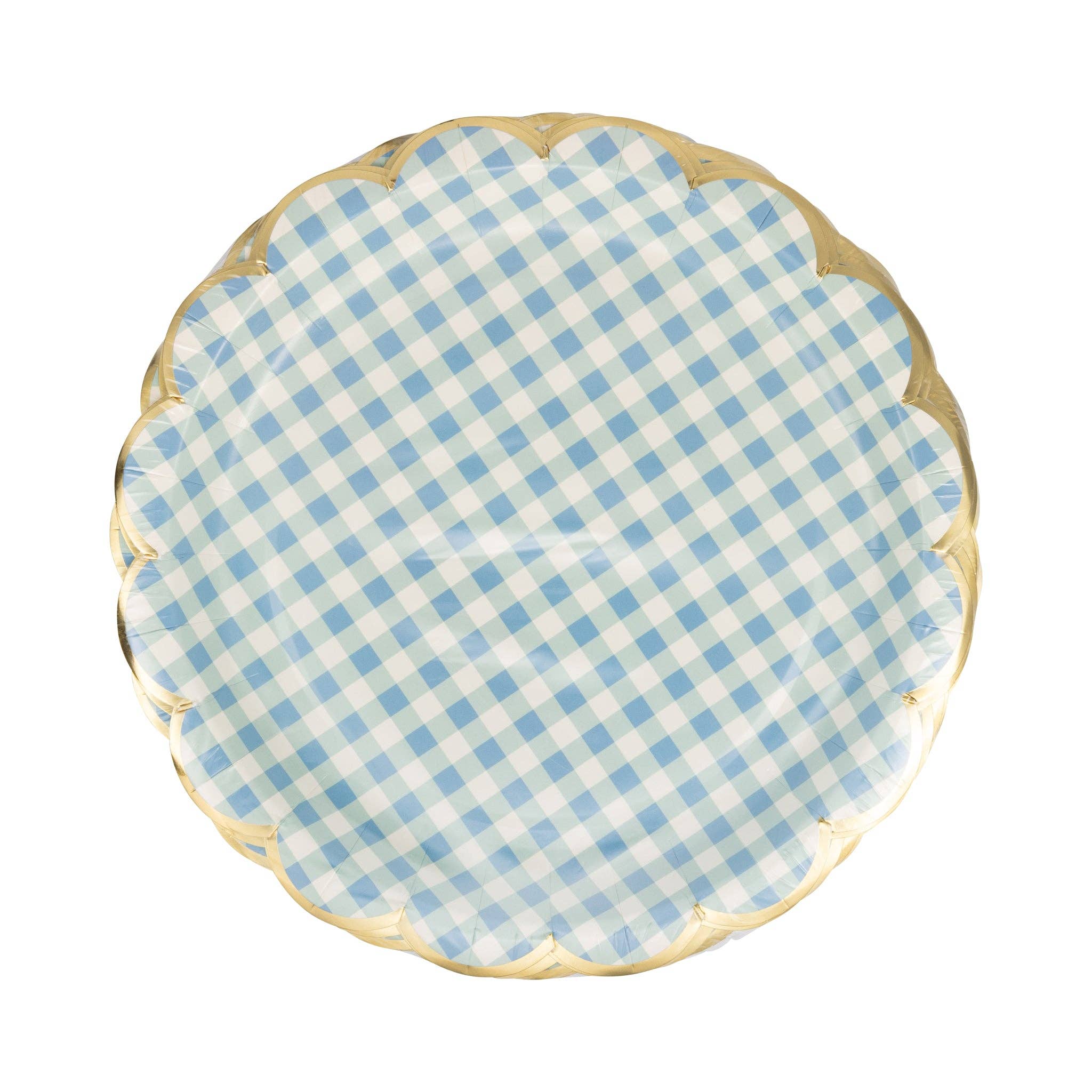 A stack of 8 Blue Gingham Pattern paper plates with gold foil edges, perfect for a Spring Picnic or Teddy-Bear-Picnic.