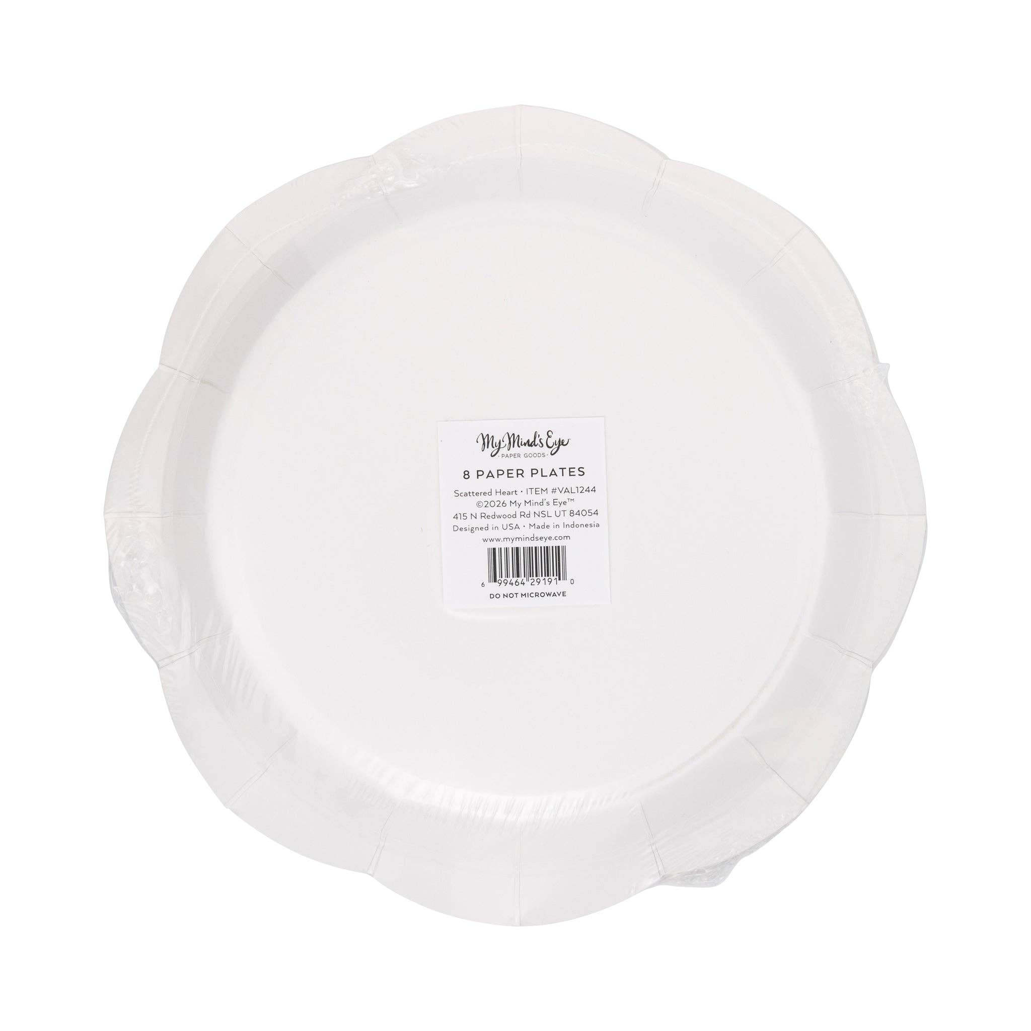 Back of packaged scalloped scattered heart paper plates