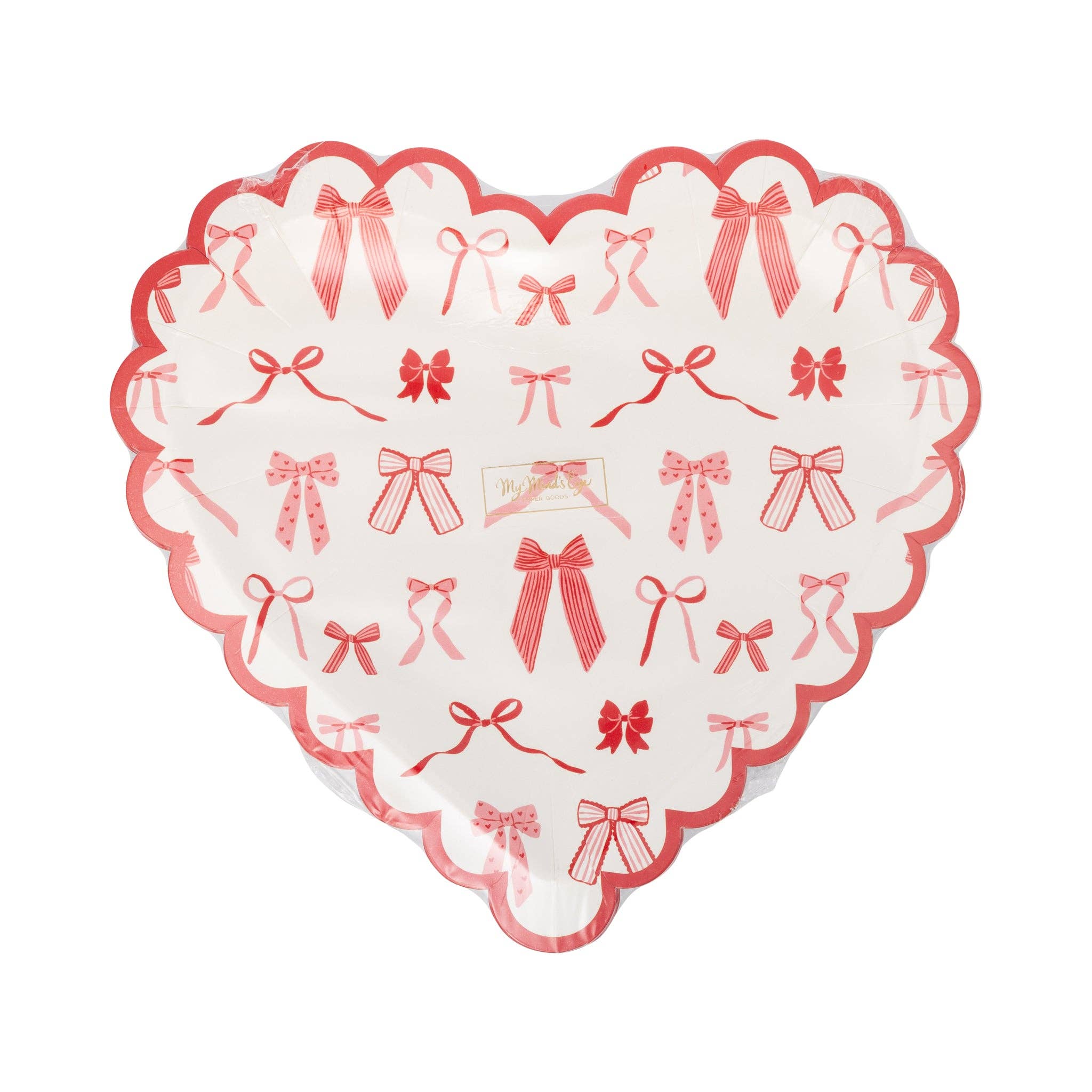 Scalloped heart plate with scattered bow design in packaging