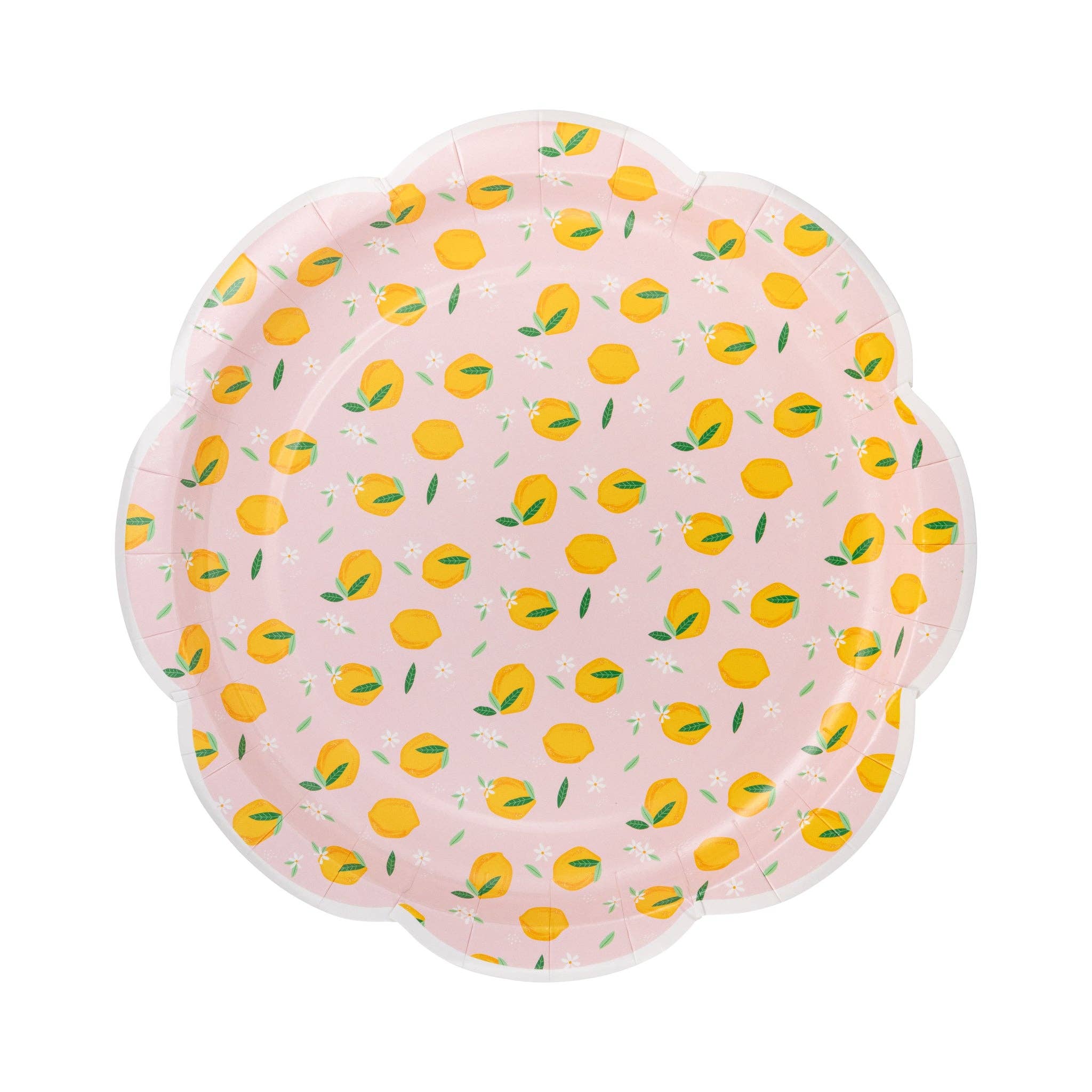 Scalloped pink plate with lemon pattern design