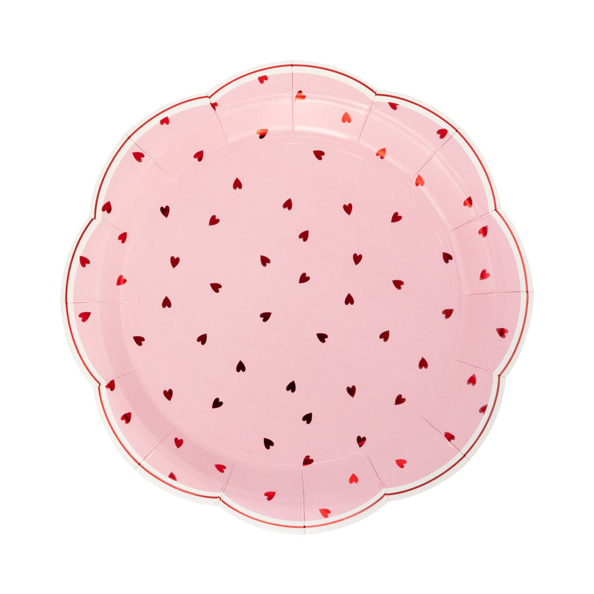 Pink scalloped paper plate with scattered red heart pattern