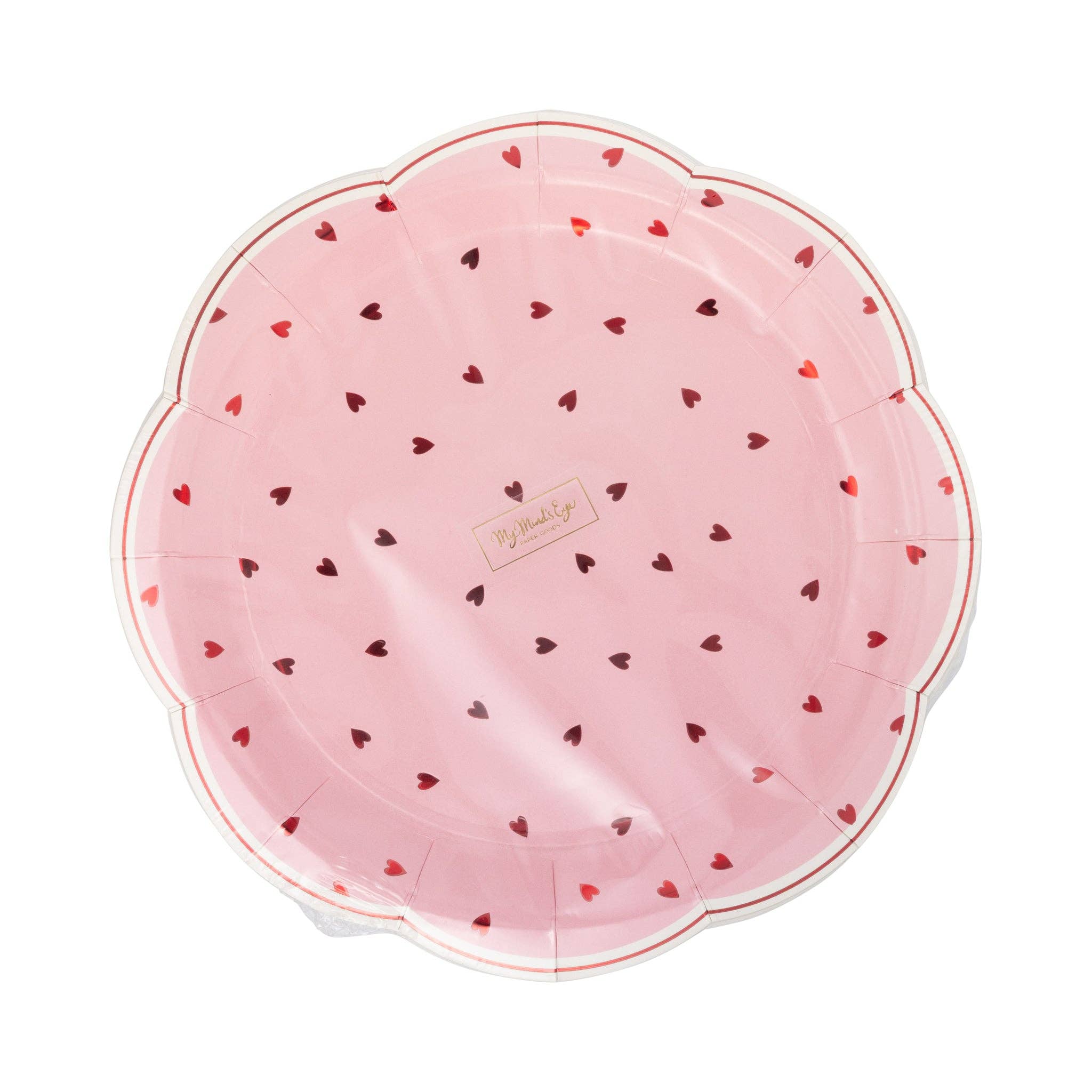 Scalloped scattered heart plates in packaging on white background