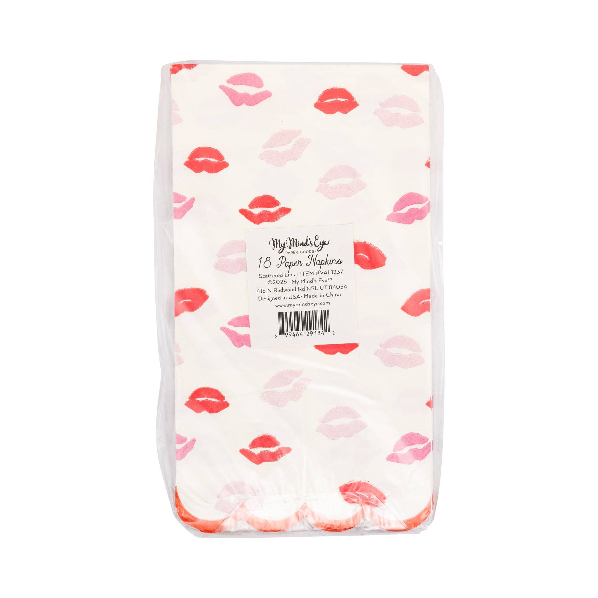 Back of scattered lips dinner napkin packaging with product information