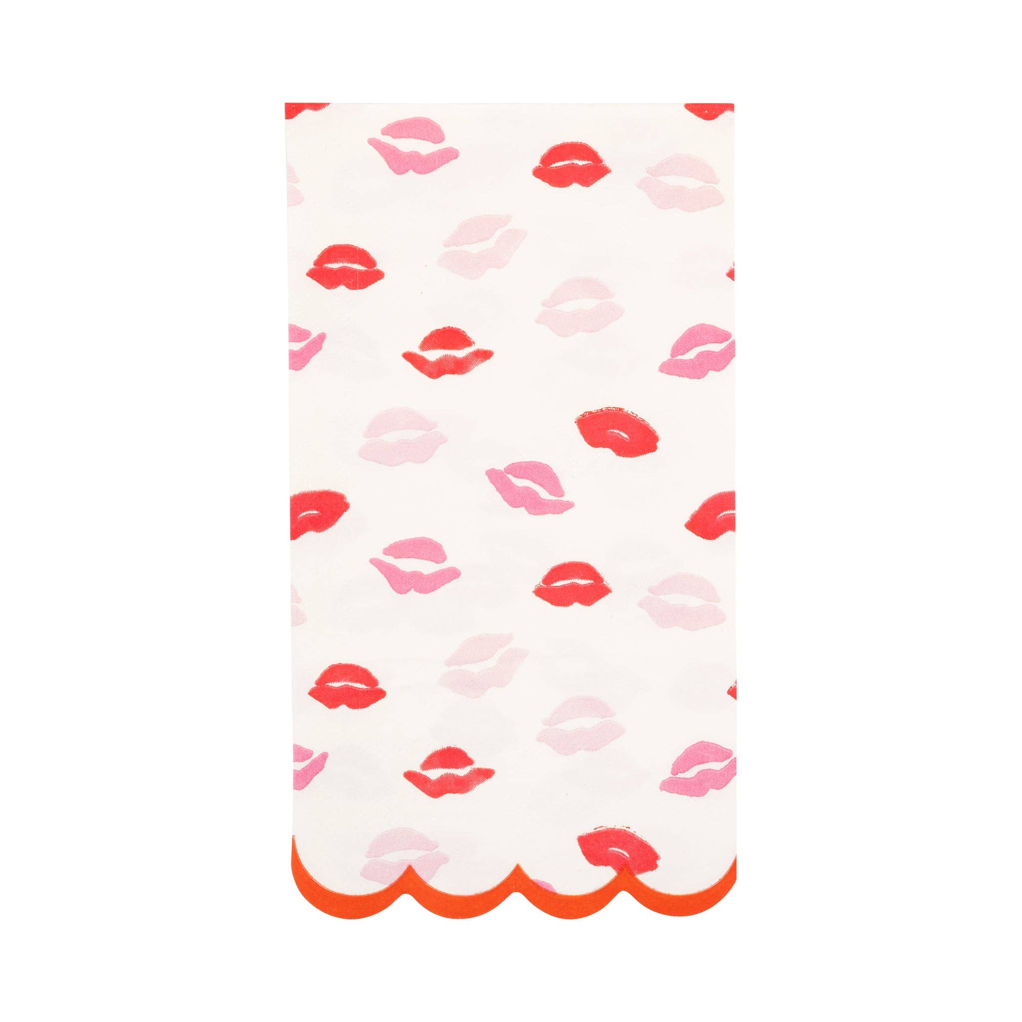 Close-up of scalloped edge and red foil lip details on dinner napkin