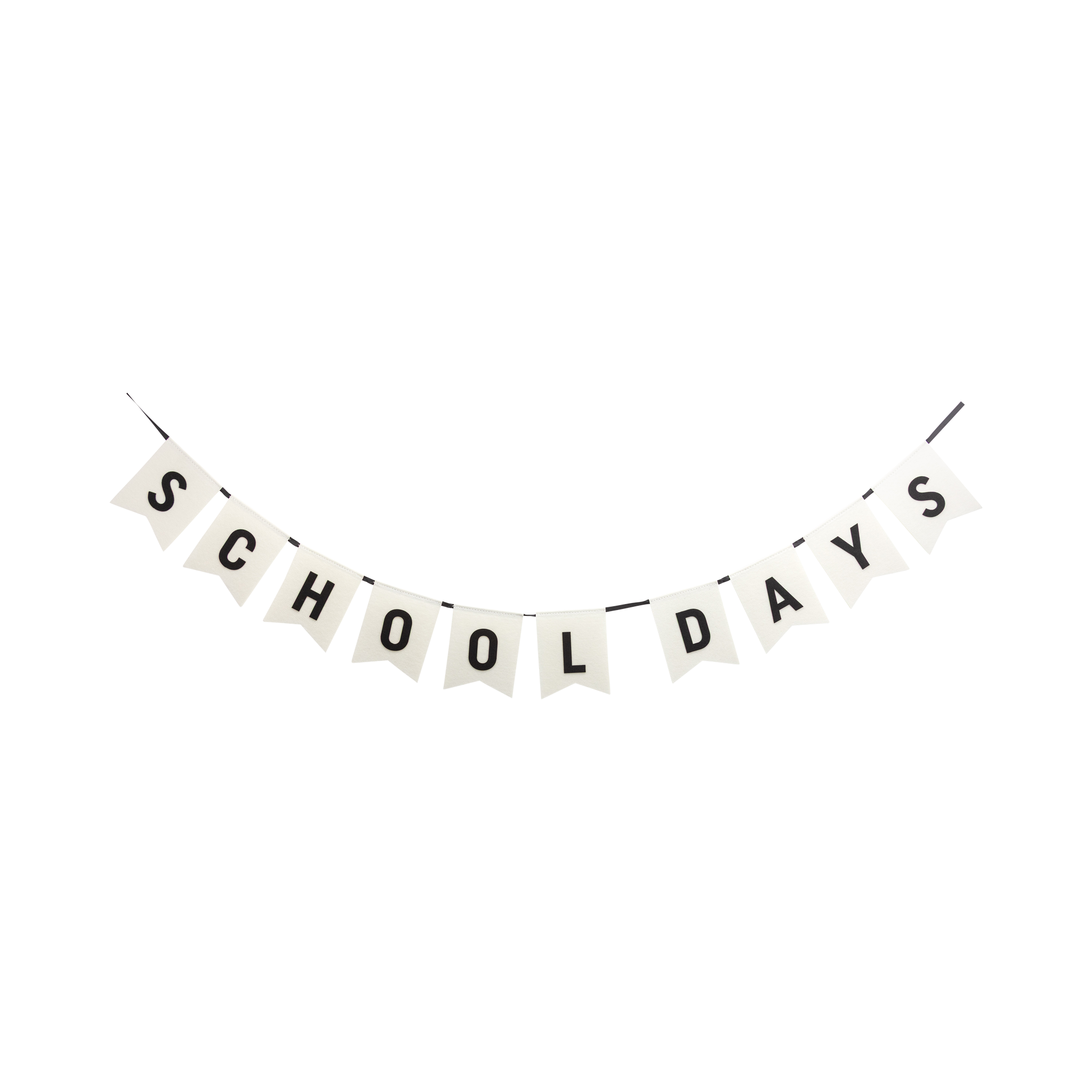 School Days felt banner laid flat and suspended against a white background showing all 10 cream pennants with black lettering spelling SCHOOL DAYS