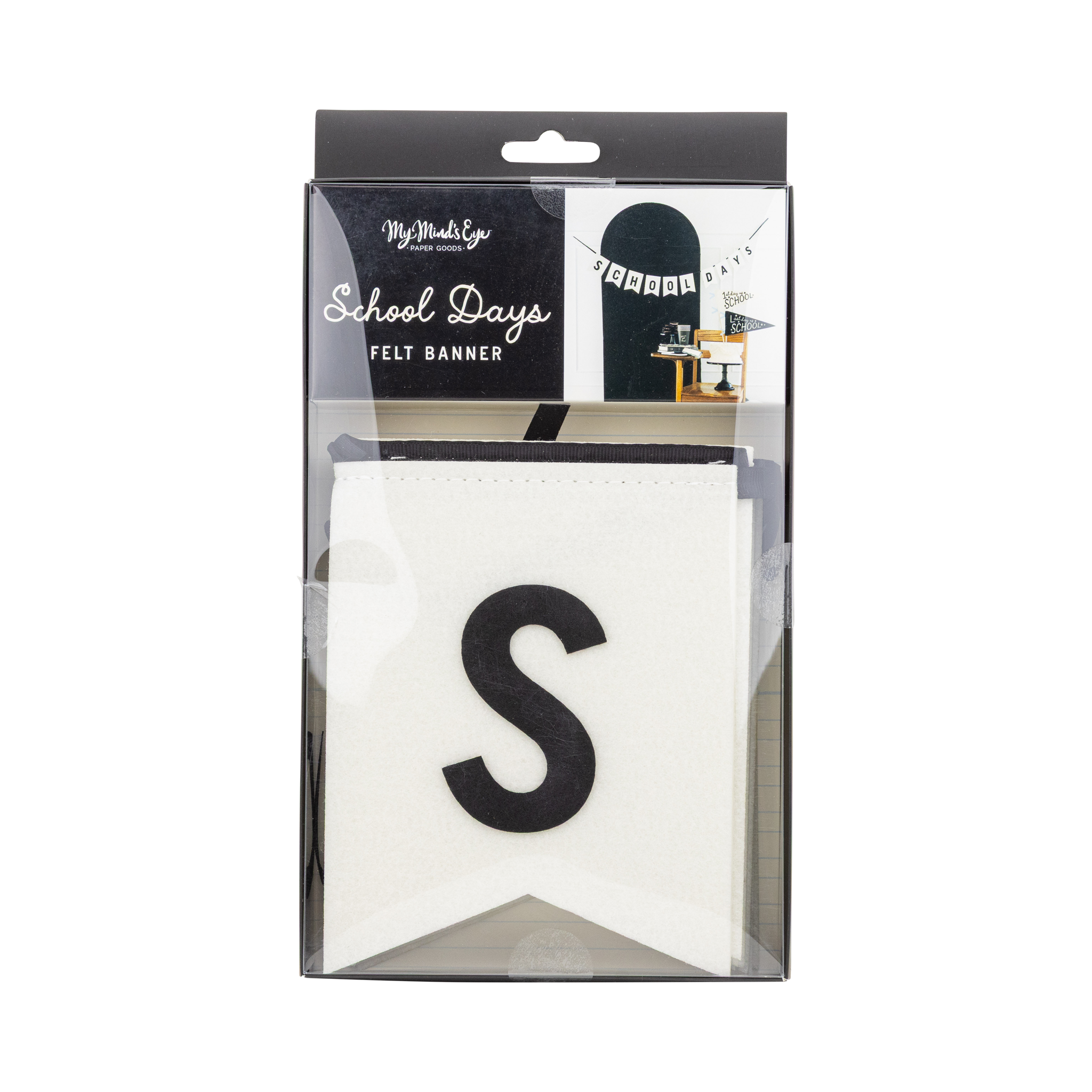 Front of School Days felt banner in clear packaging with visible white "S" pennant and styled photo inset on black My Mind's Eye gift box