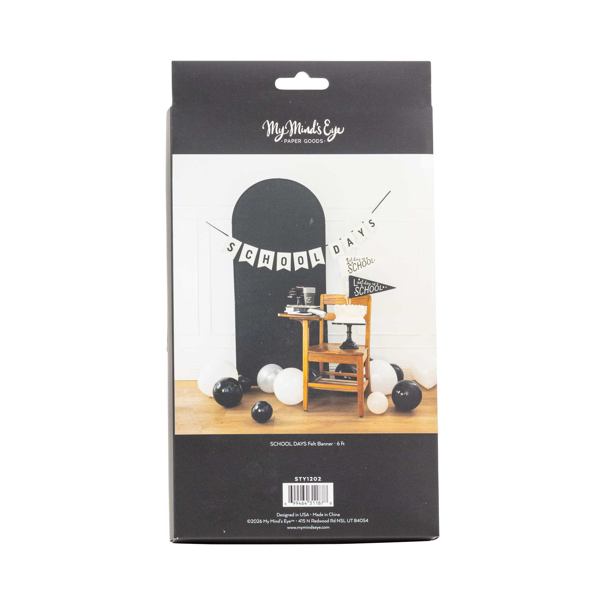 Back of School Days felt banner packaging showing styled back to school photo backdrop with black arch, white cake, and first and last day of school pennants