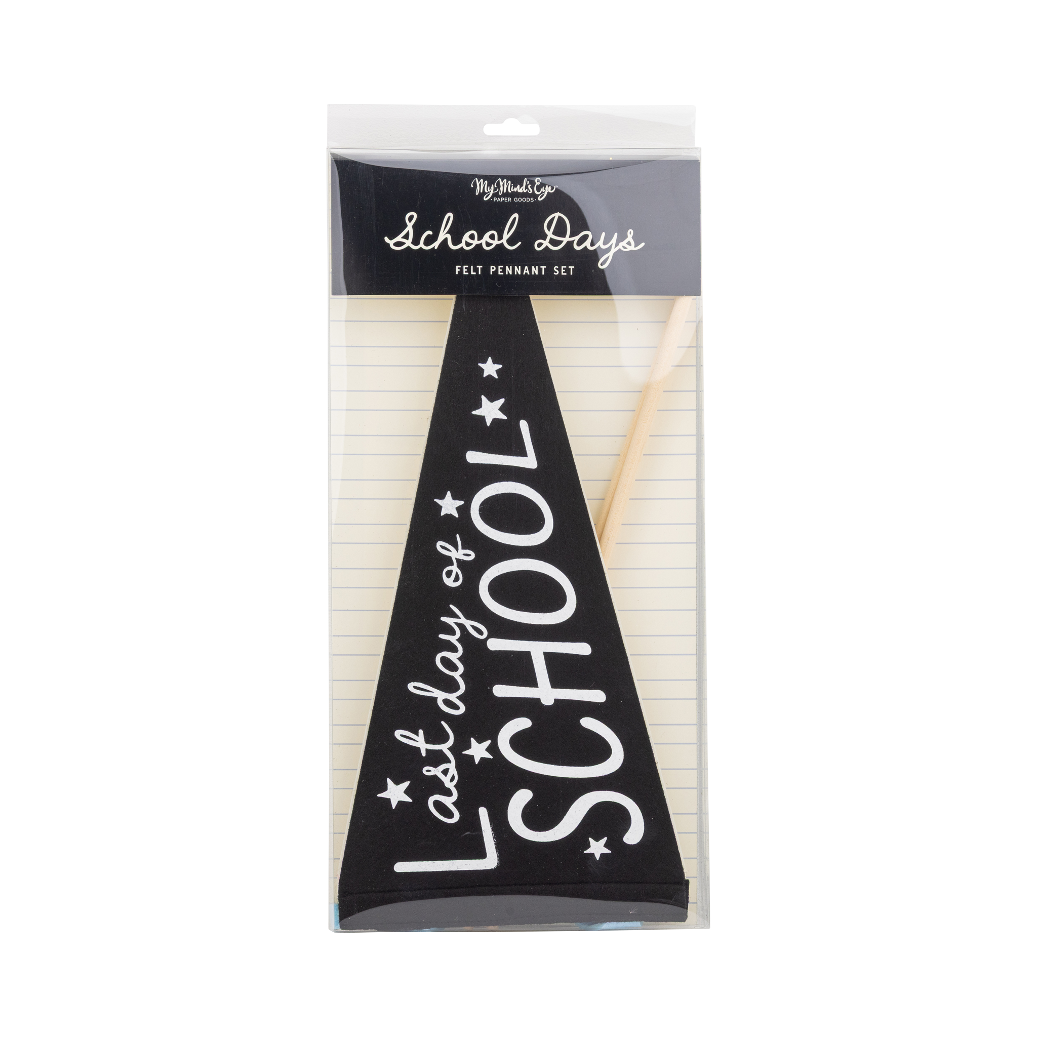 Front of School Days Felt Pennant Set packaging with clear window showing black Last Day of School pennant and wooden dowel
