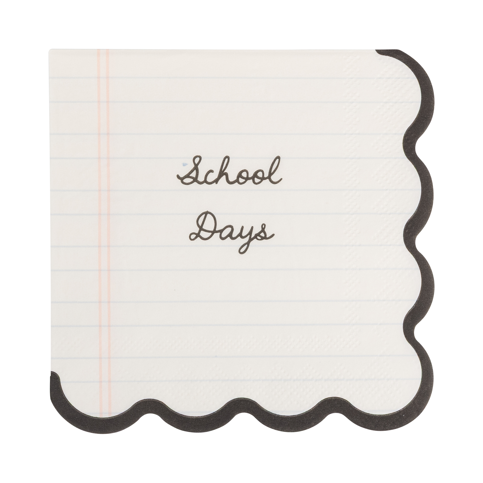 Single School Days notebook paper napkin showing cursive "School Days" handwriting on lined paper print with black scalloped edge