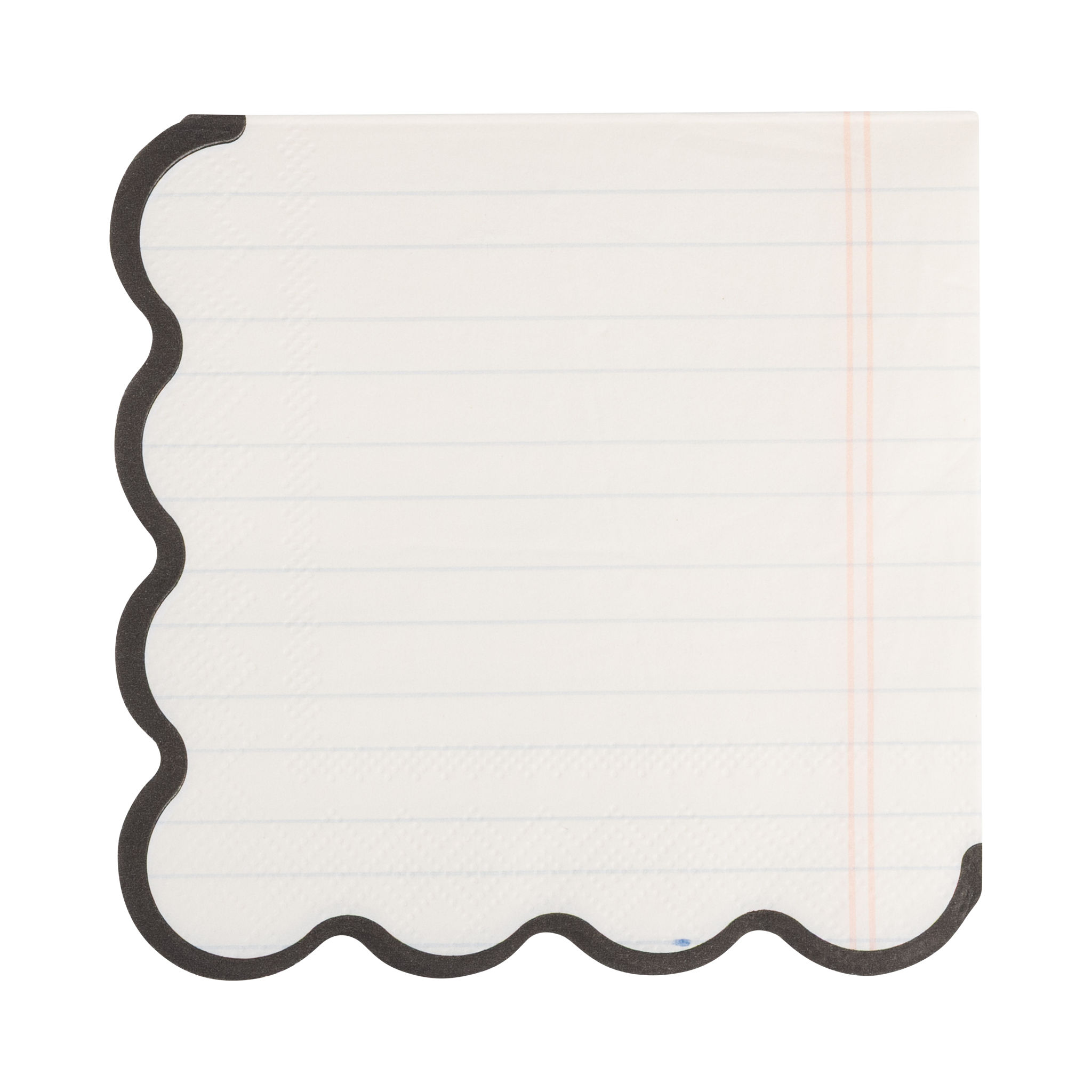 School Days notebook paper napkin showing lined paper print with pink margin line and black scalloped edge on white background