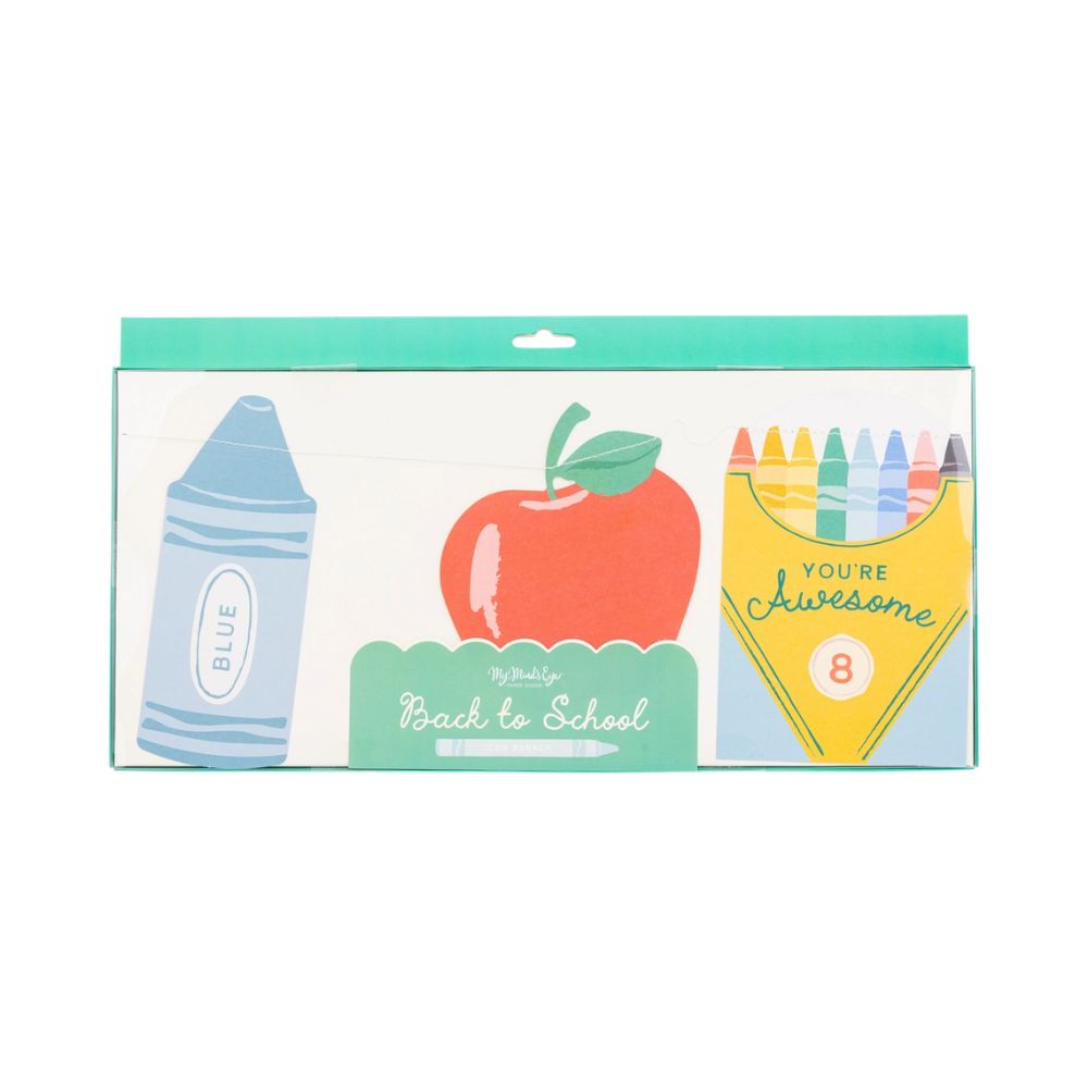 Packaging showing school icons banner design details.