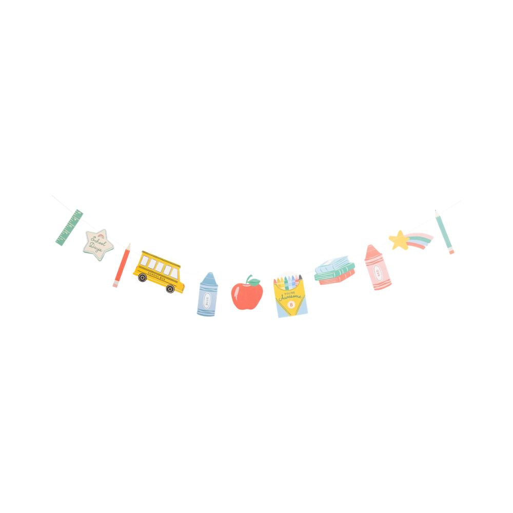 School icons banner with apples, pencils, and crayons on white background.
