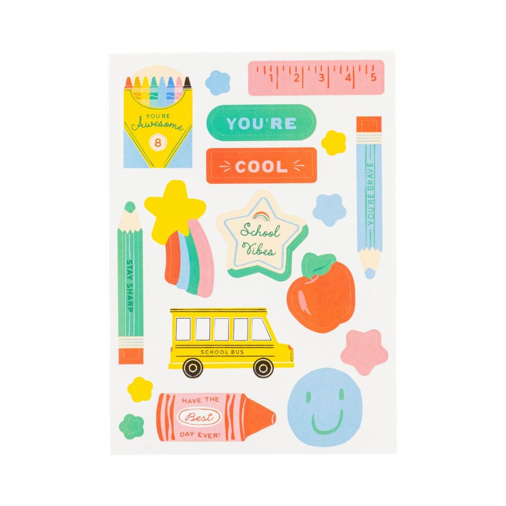 Sheet of colorful school-themed stickers included with treat bags.