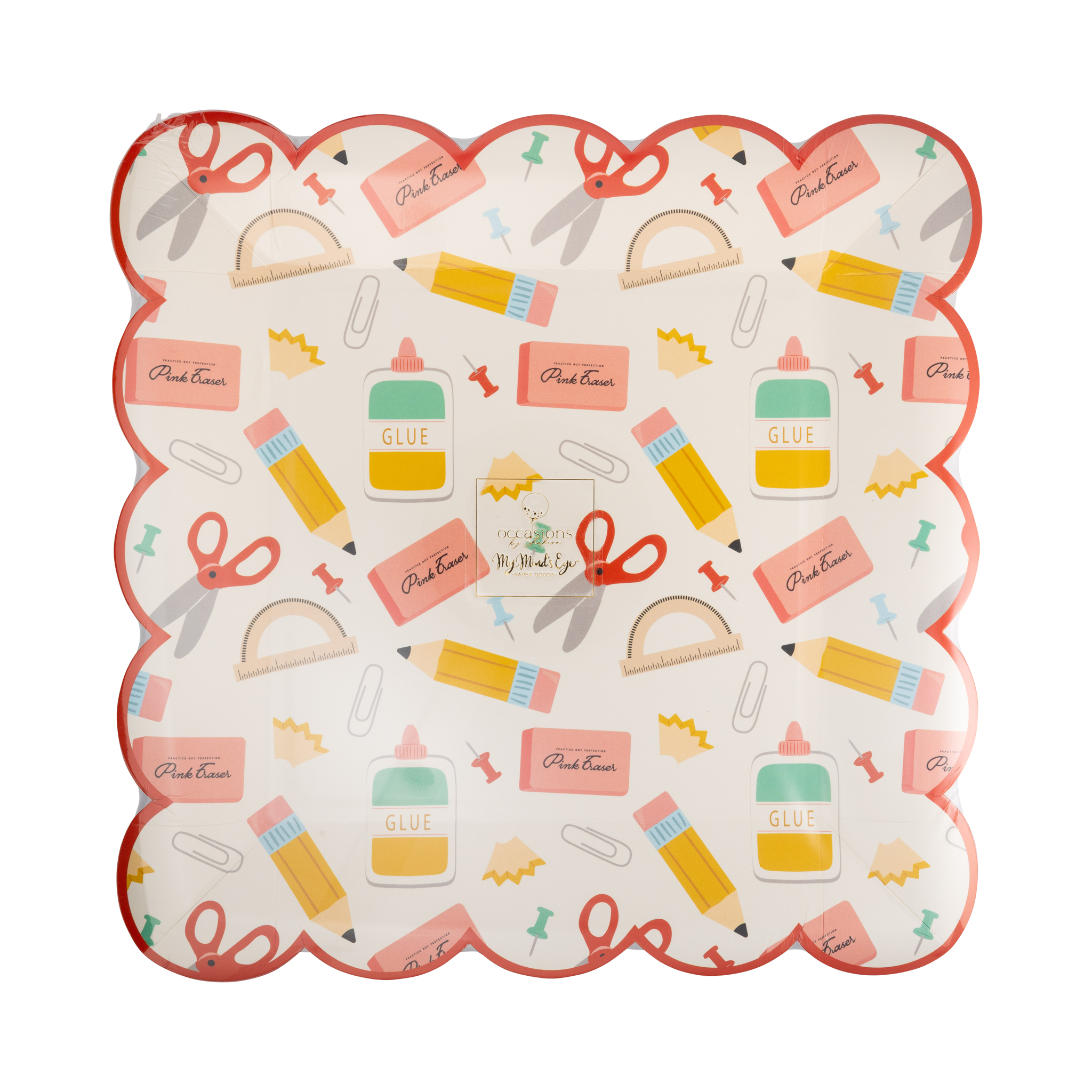 Front of school supplies scalloped paper plate with red scalloped edge and cream background printed with pencils, pink erasers, scissors, glue bottles, protractors, paper clips, and pencil shavings