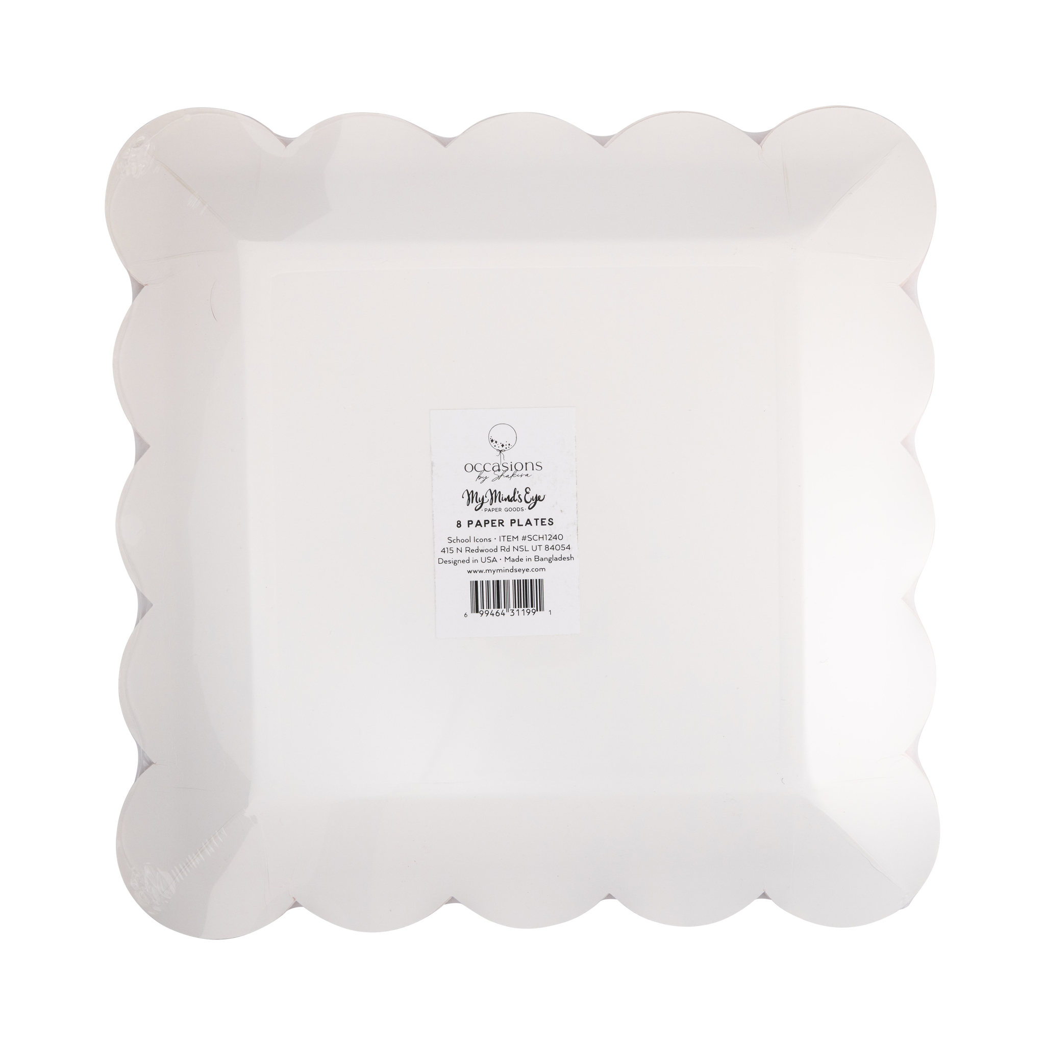 Back of school supplies scalloped paper plate showing white scalloped edge and product label