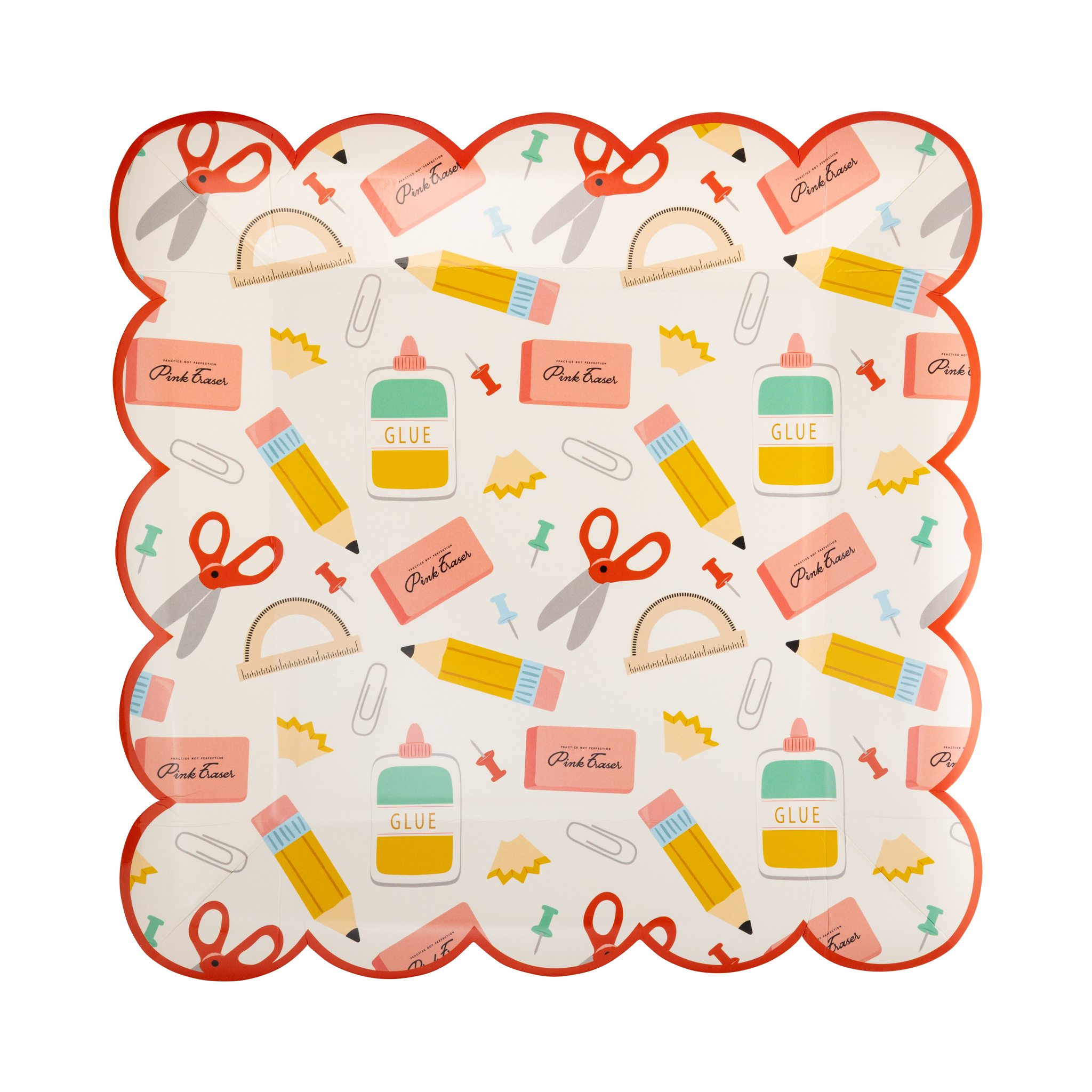 Close-up of school supplies scalloped paper plate showing cream background with retro school icons and red scalloped border