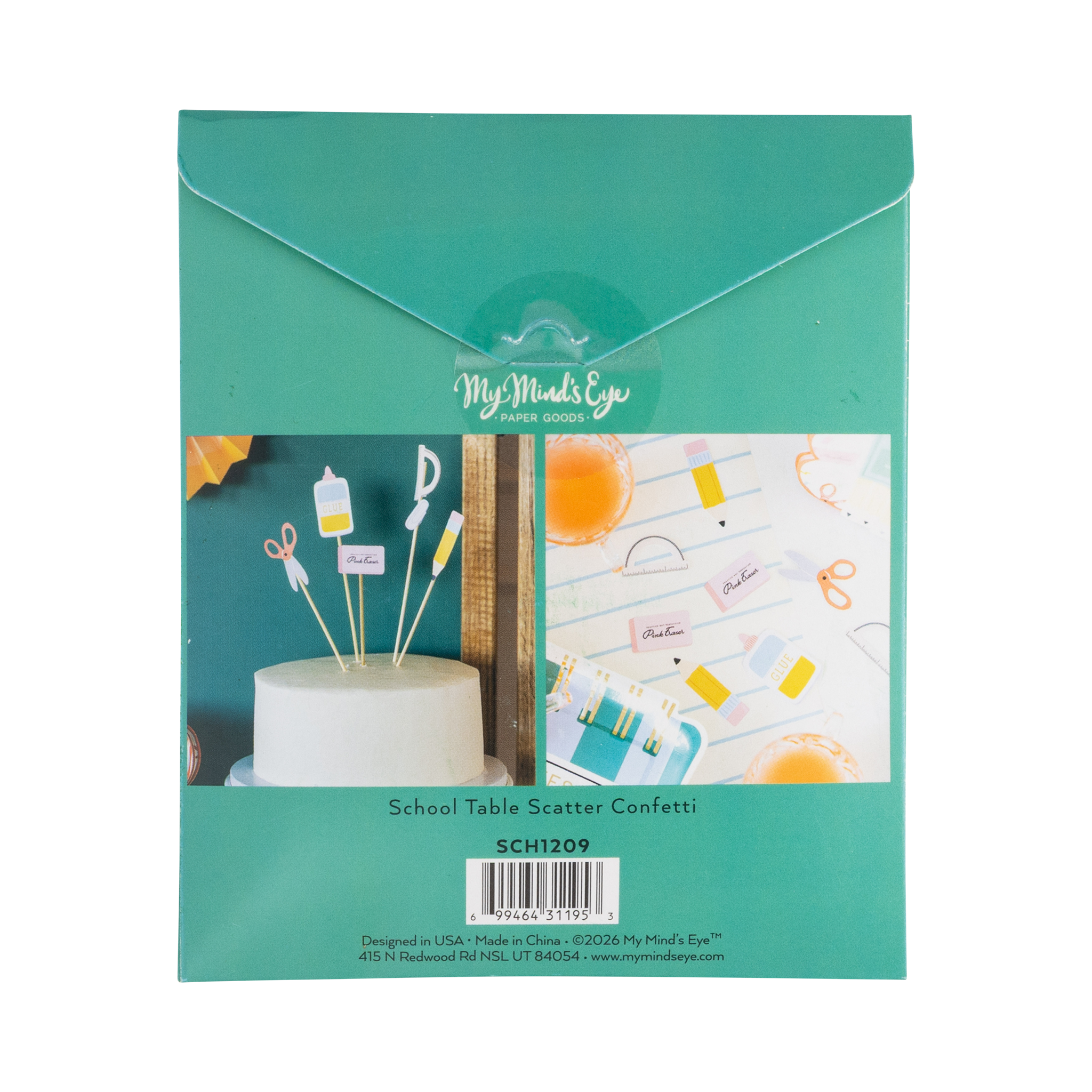 Back of school supplies confetti packaging showing styled photos of confetti scattered on notebook paper tablescape and used as cake toppers