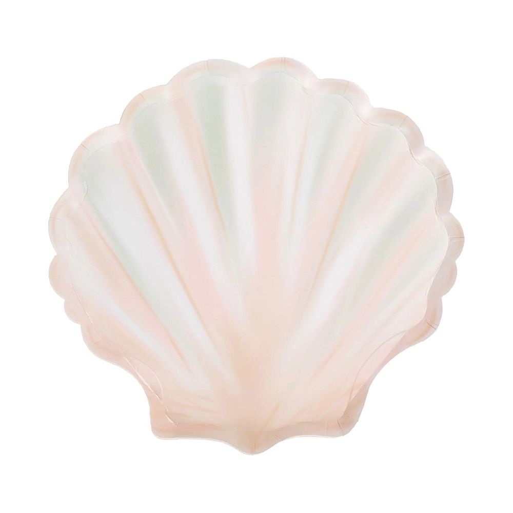 shell shaped paper plate in blush and ivory on white background.