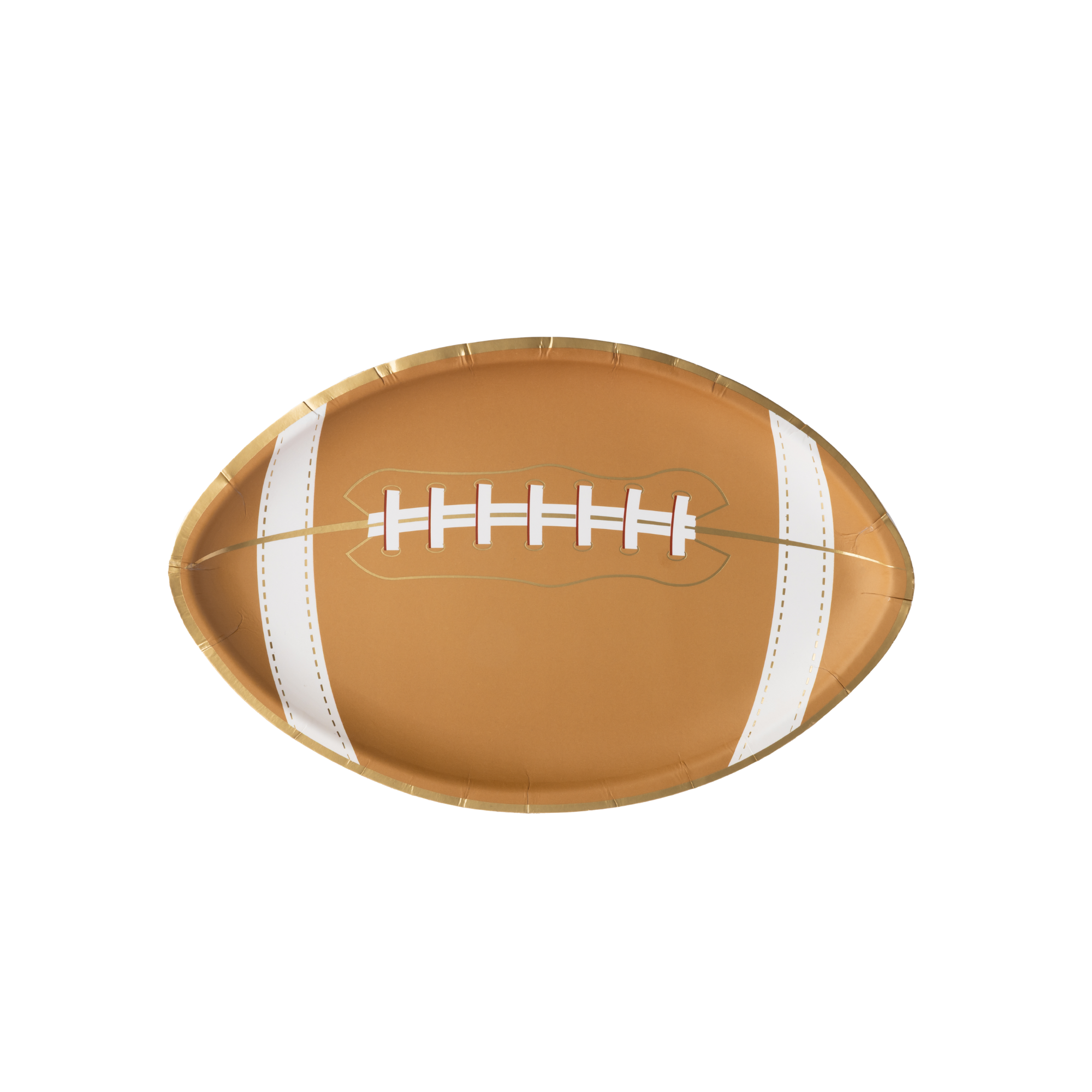 Football-shaped paper party plate with classic brown and white design
