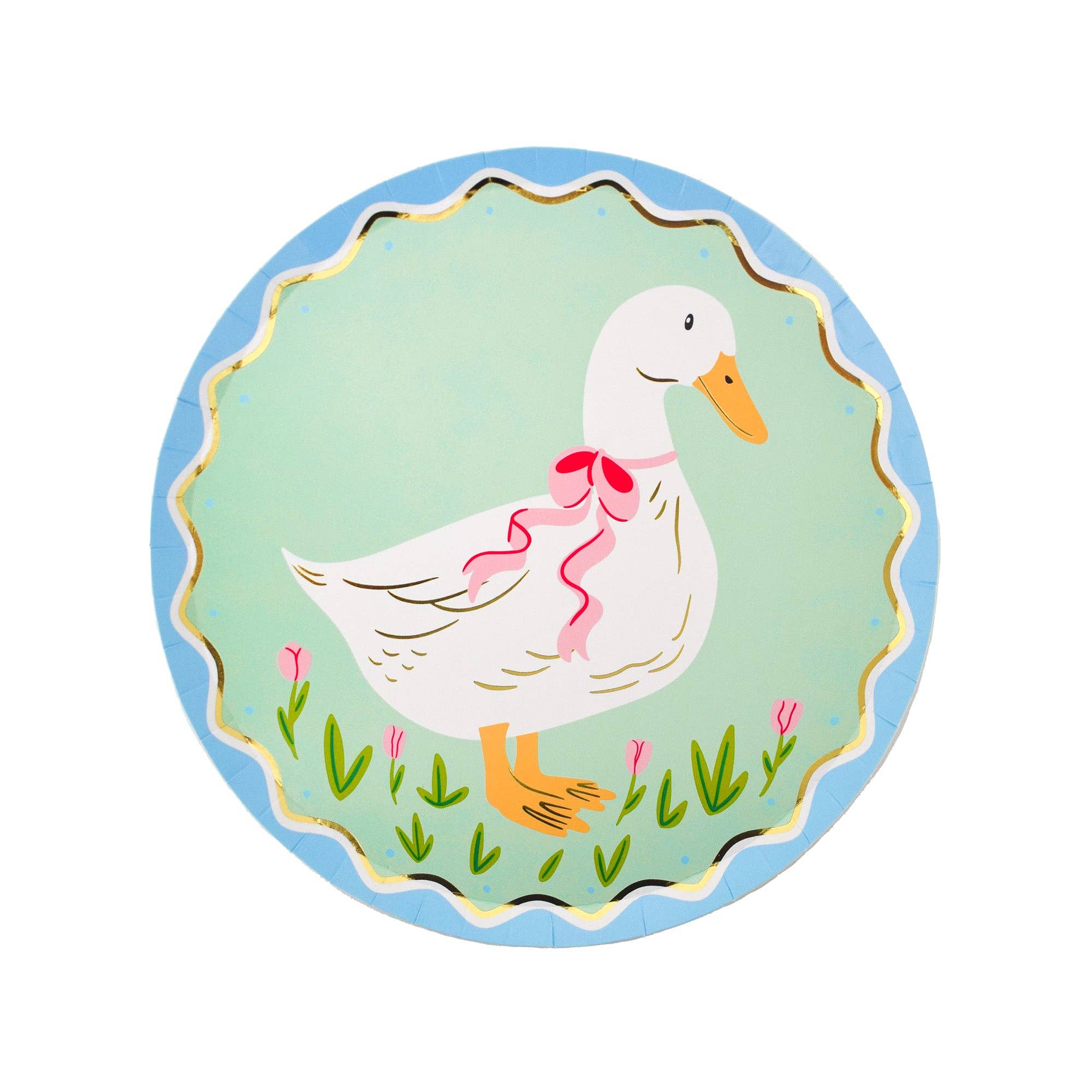 Illustrated goose party plate with floral accents and pastel colors.
