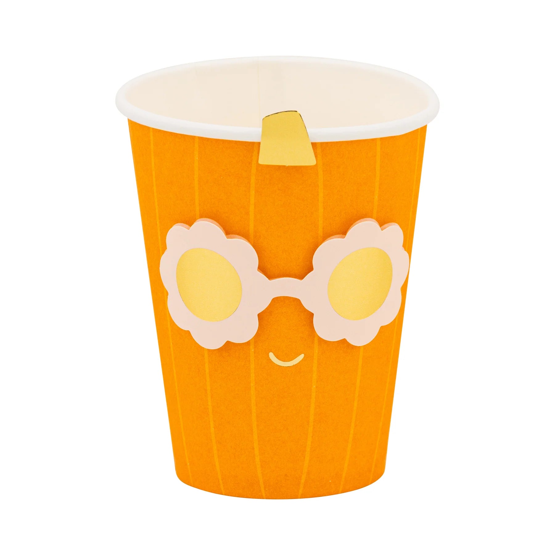 Isolated product shot of a single Groovy Pumpkin 12-oz disposable Halloween cup with orange ribbed pumpkin pattern, daisy sunglasses and gold stem tab.