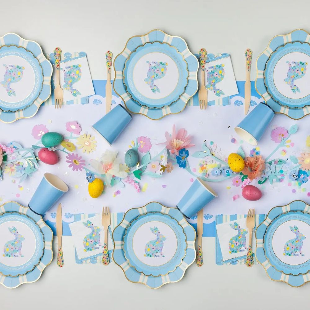 Easter table styled with sky blue Regency stripe plates