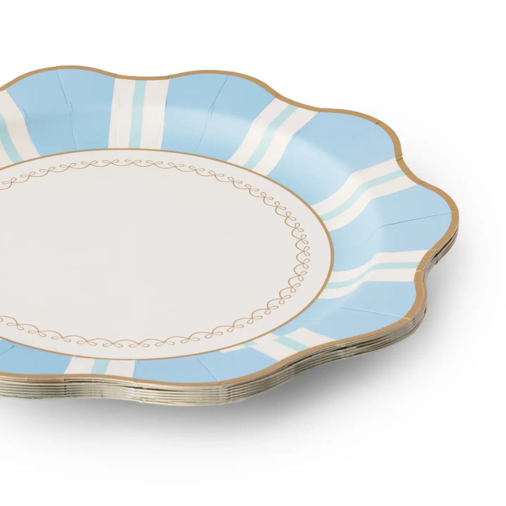 Stack of sky blue Regency stripe plates with gold rim