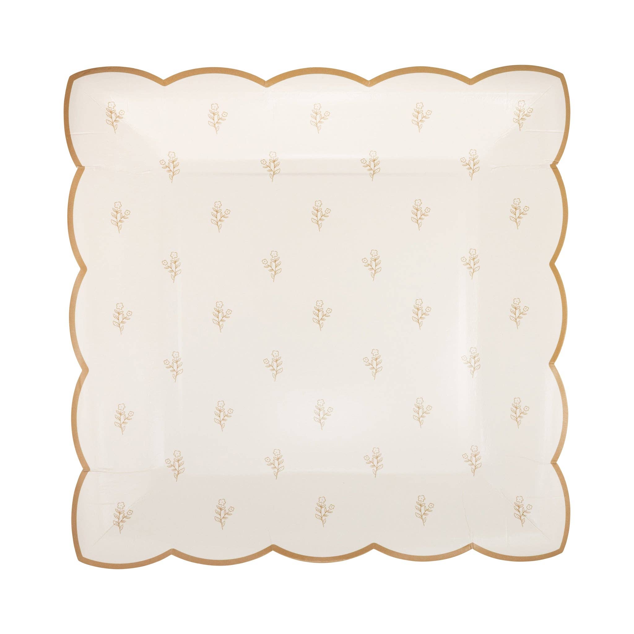 A single paper plate with a tan and cream delicate garden print and gold-foiled scalloped edges.