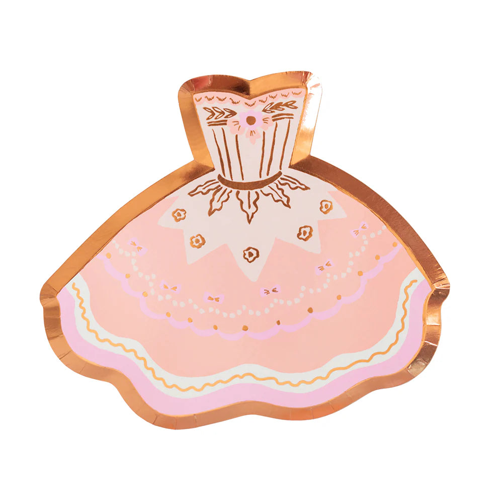 Product shot of an illustrated tutu-shaped paper plate with ballet-slipper blush tones and copper foil accents.