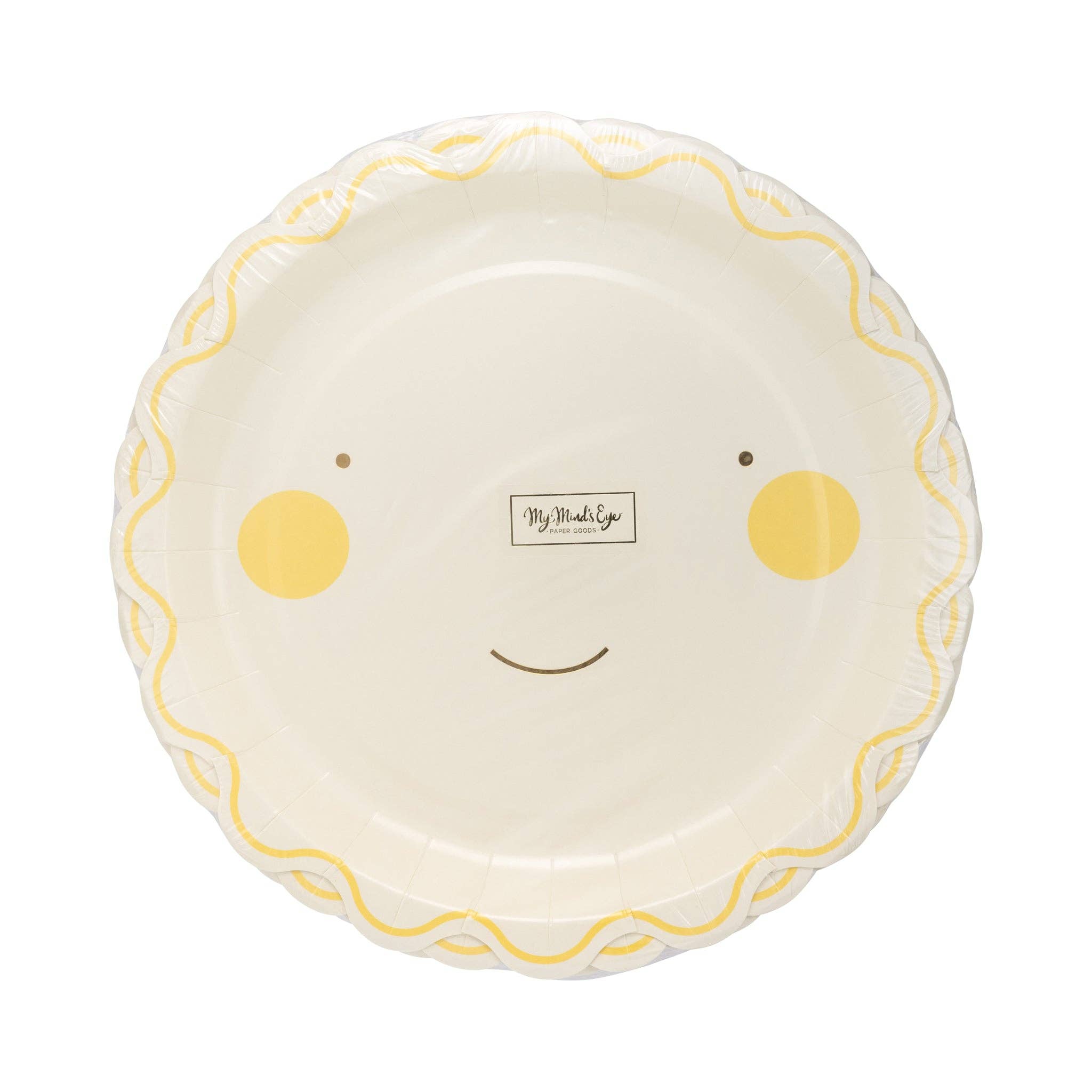 Front view of smiling sun paper plate for baby shower in packaging