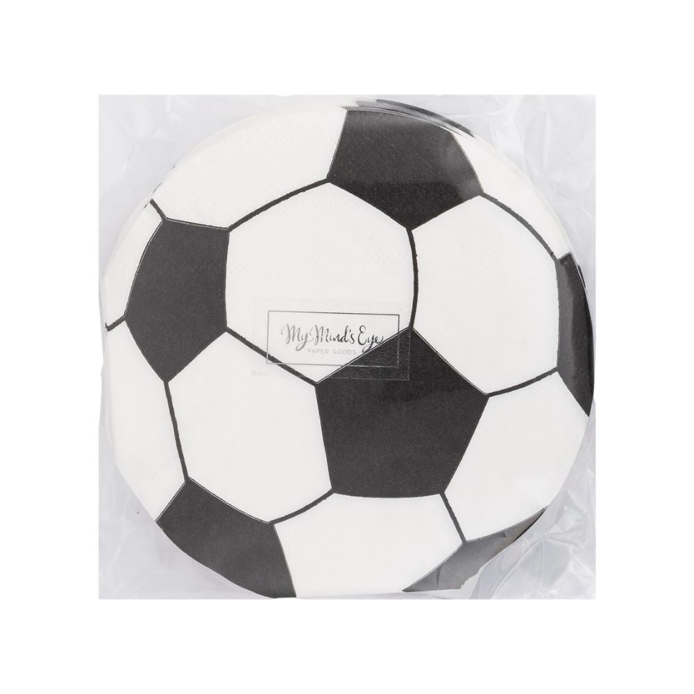 packaged soccer ball napkins showing shape and design detail.