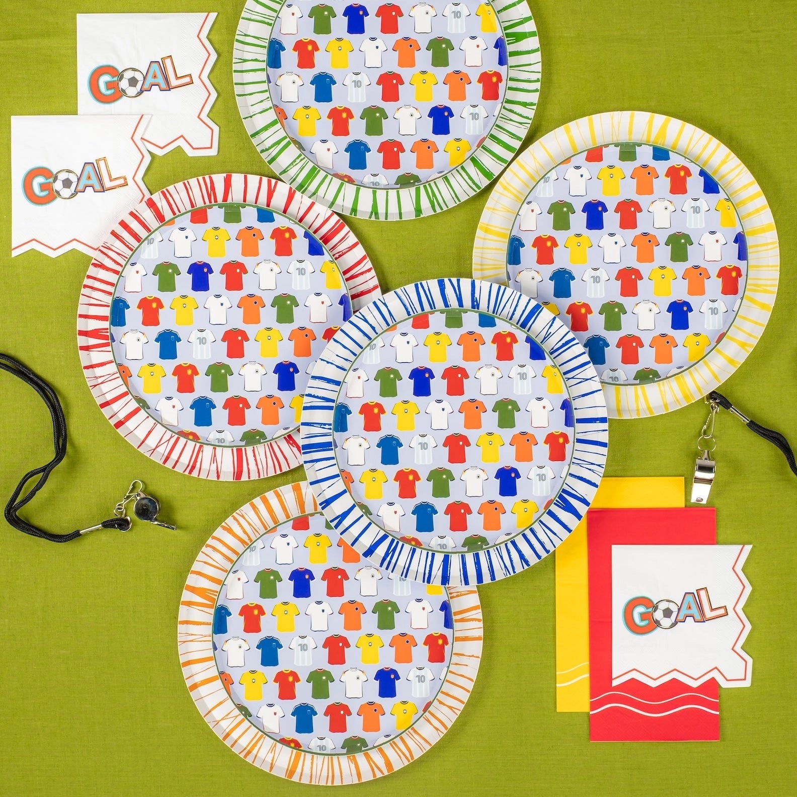 Five plate colorways with whistle and two GOAL napkins