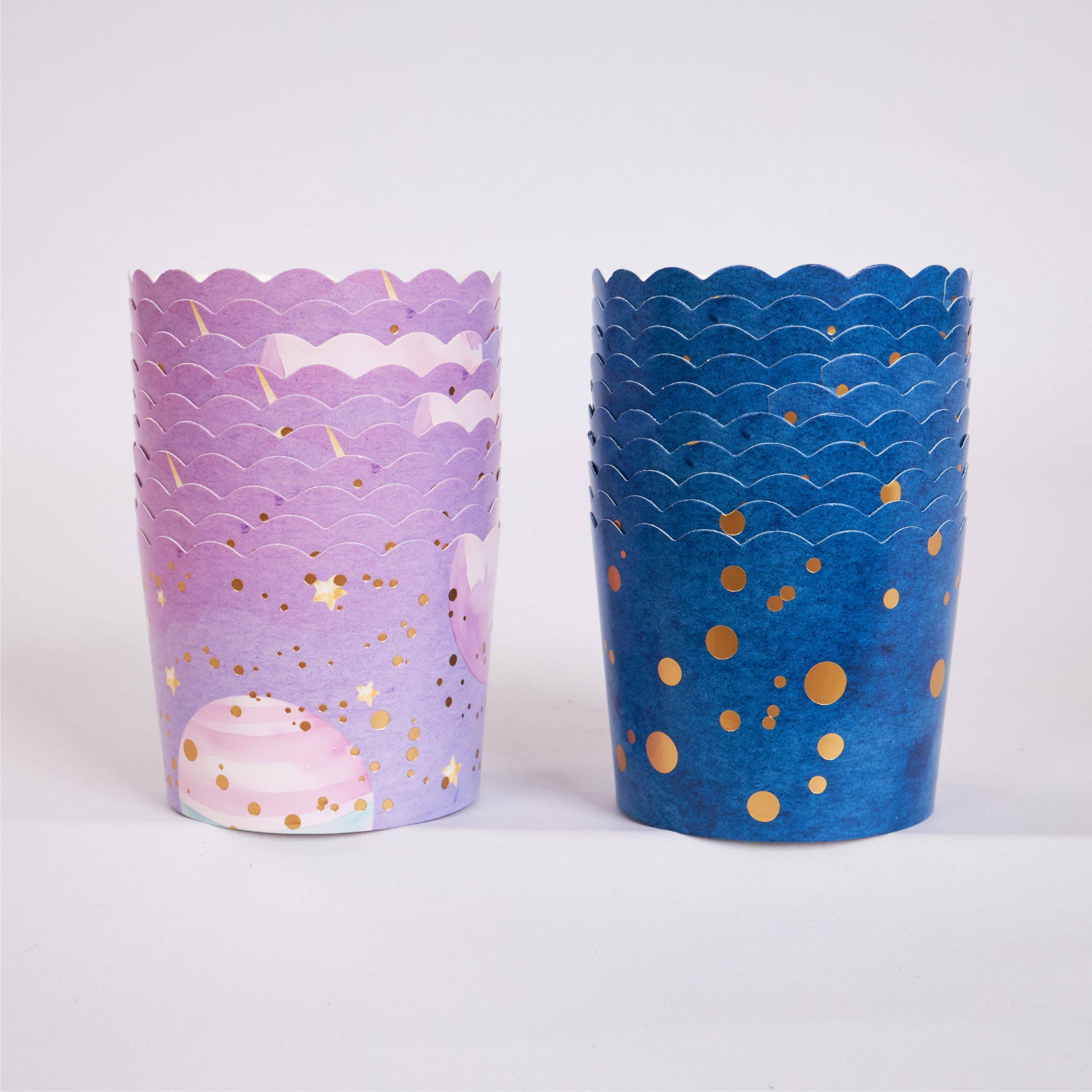 space cupcake liners in purple and blue with gold foil details