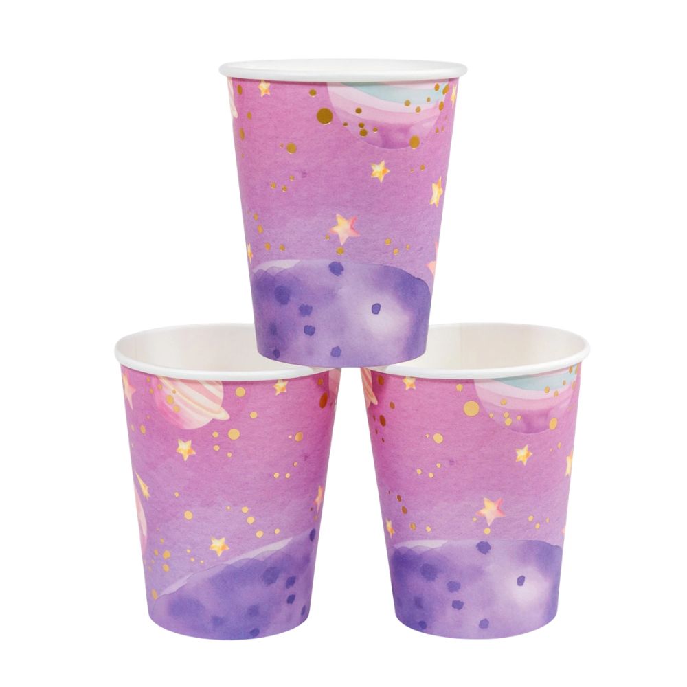 set of three galaxy paper cups with gold foil accents