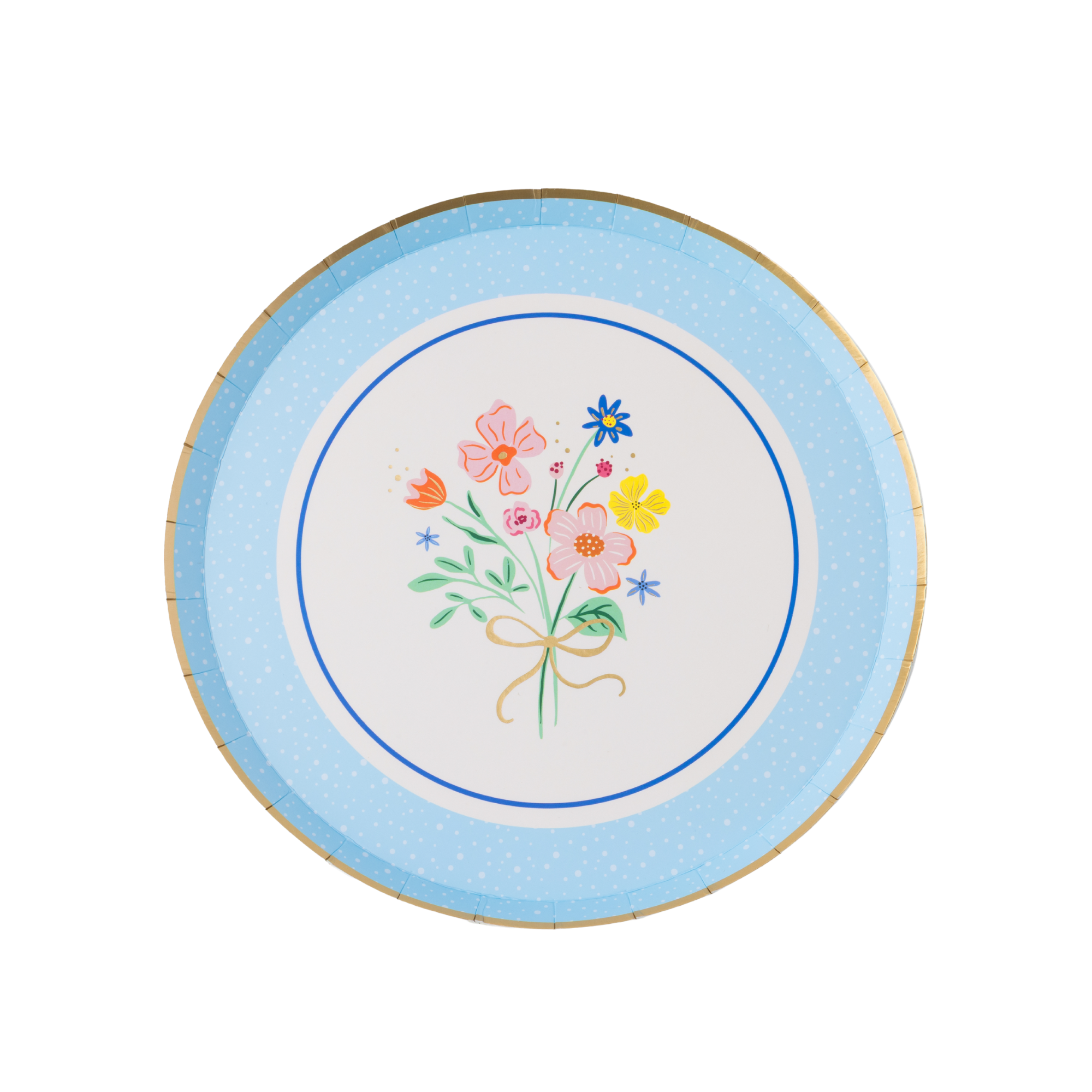 Spring bouquet floral dessert plate with pastel flowers and gold foil rim