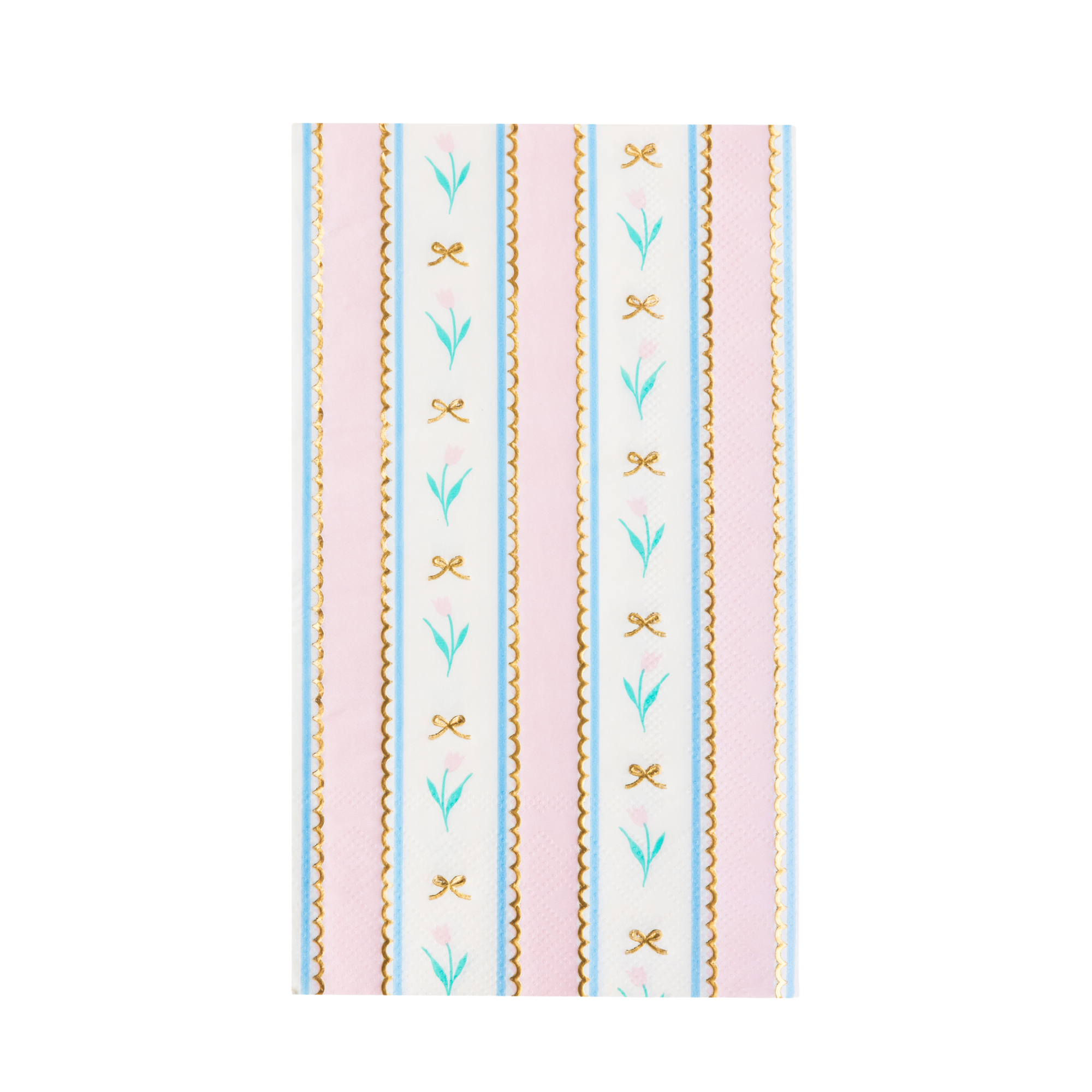 Spring tulip guest towel with pink stripes and gold foil bow details