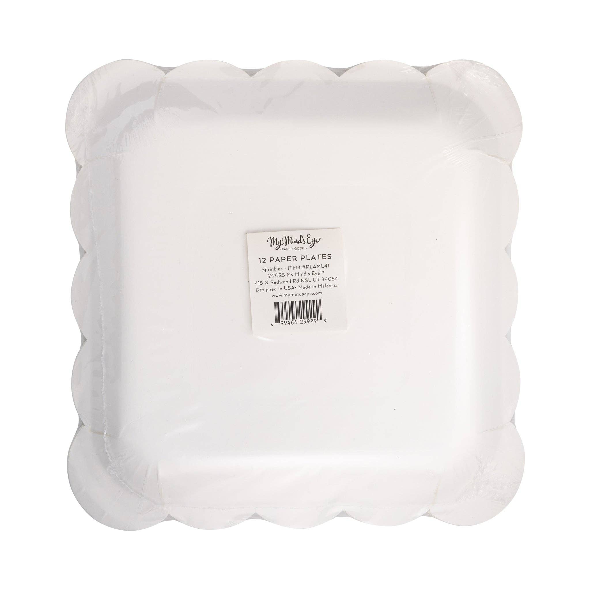 Back view of scalloped sprinkles party plate packaging and shape.