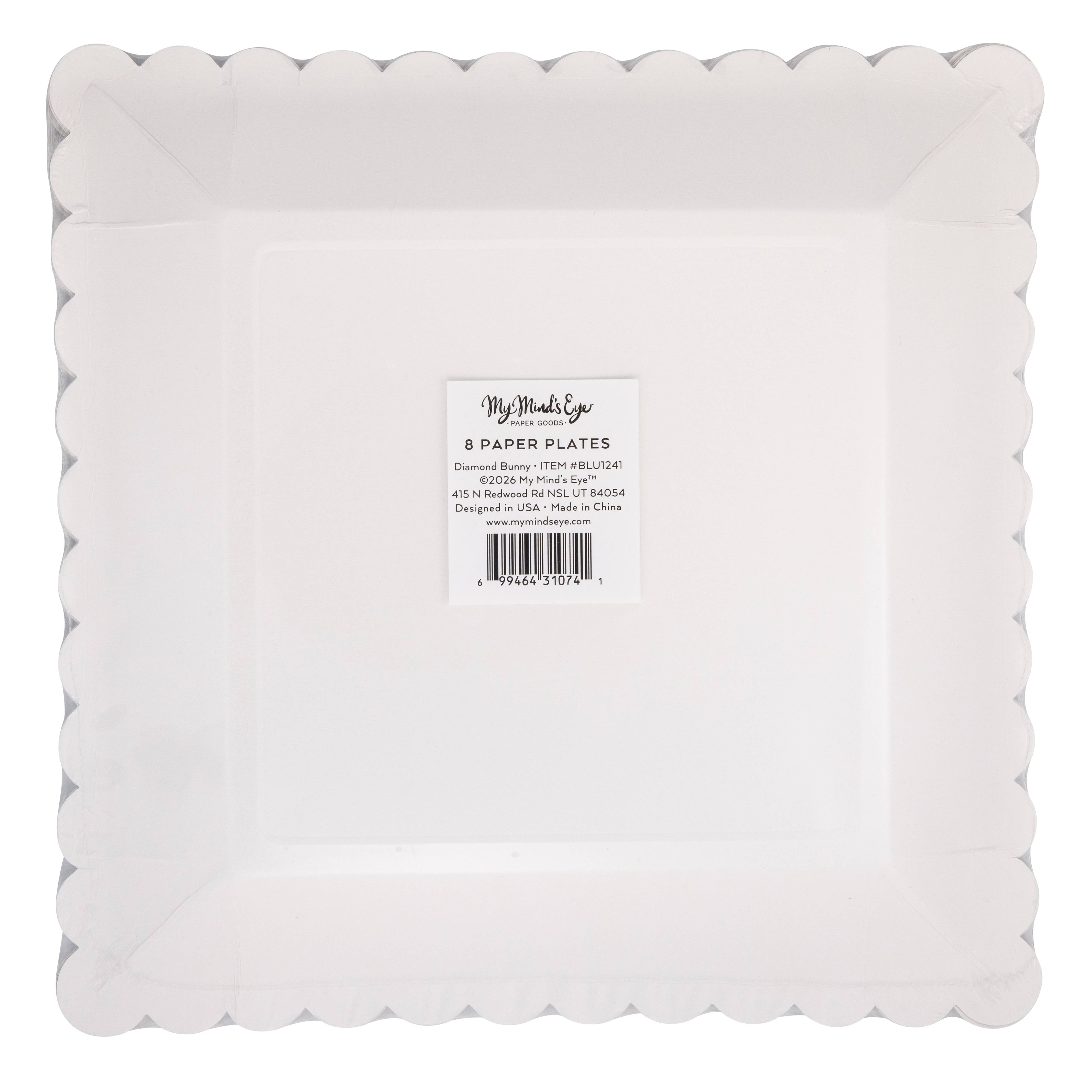 Back of square paper plate showing structure and packaging label