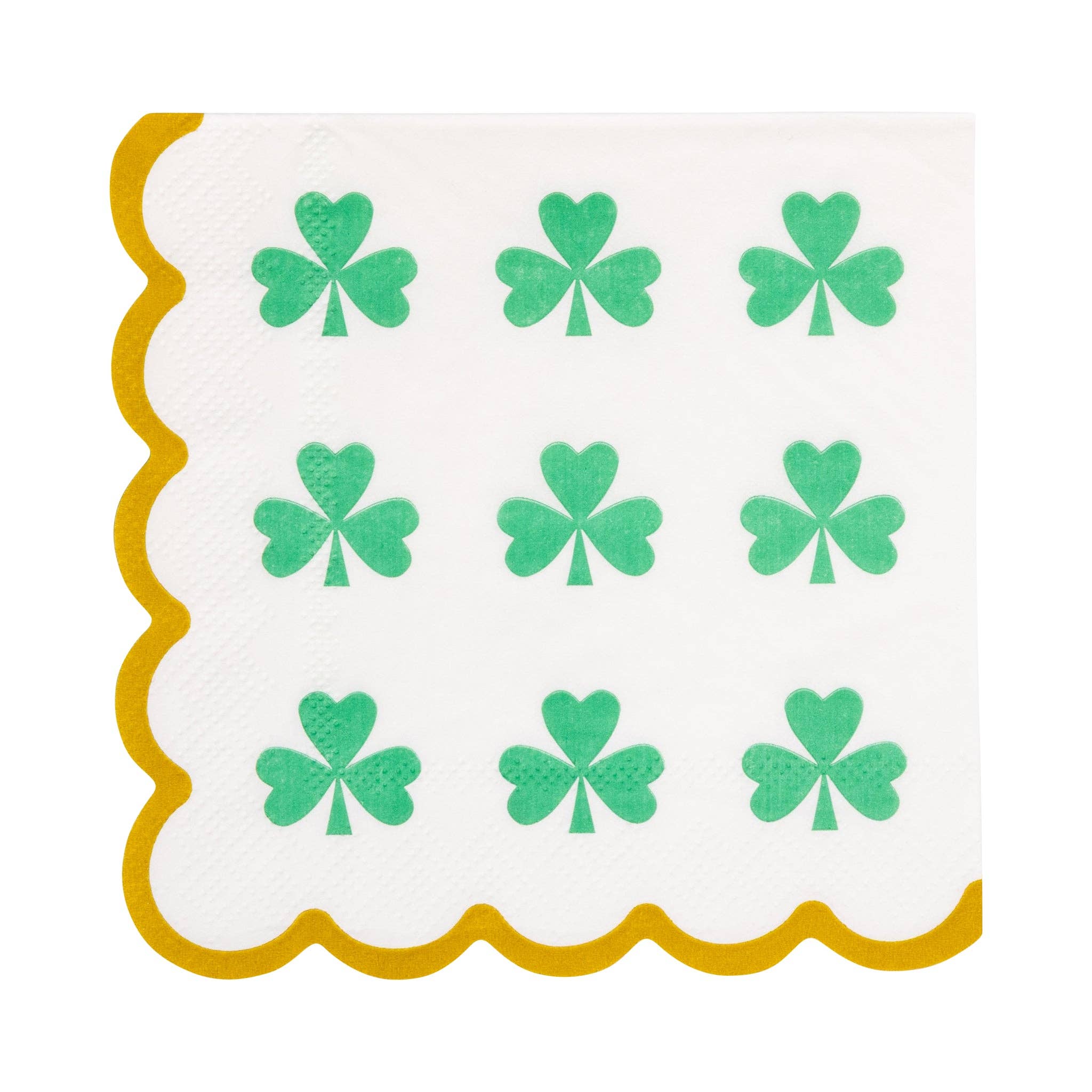 St Patrick’s Day cocktail napkin featuring green shamrocks and gold foil trim