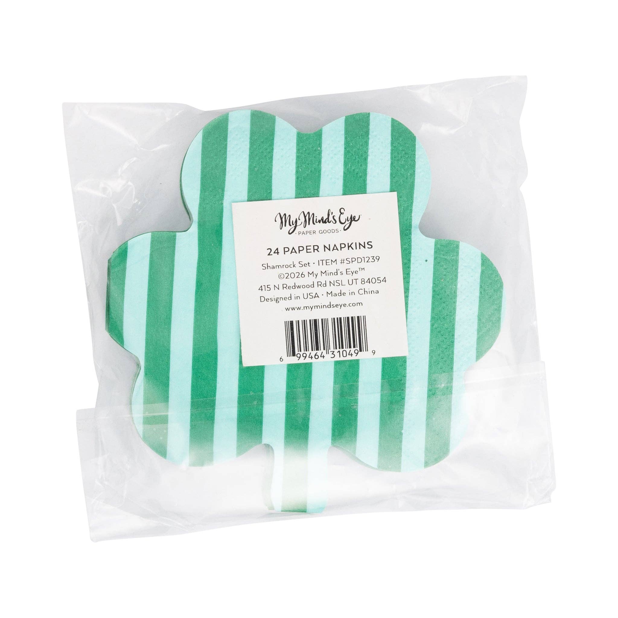 Back view of packaged shamrock shaped Lucky You cocktail napkin set