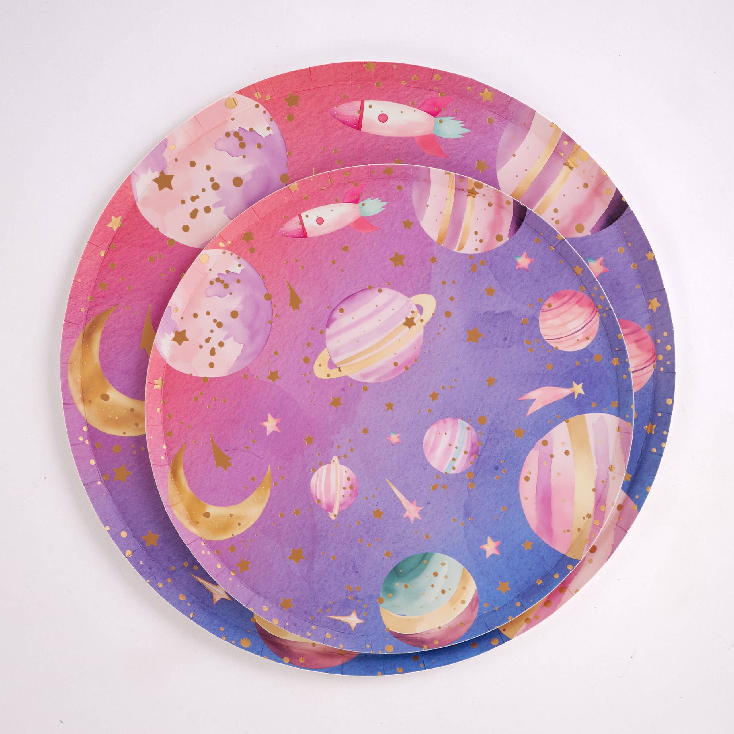 stack of astronaut girl galaxy paper plates