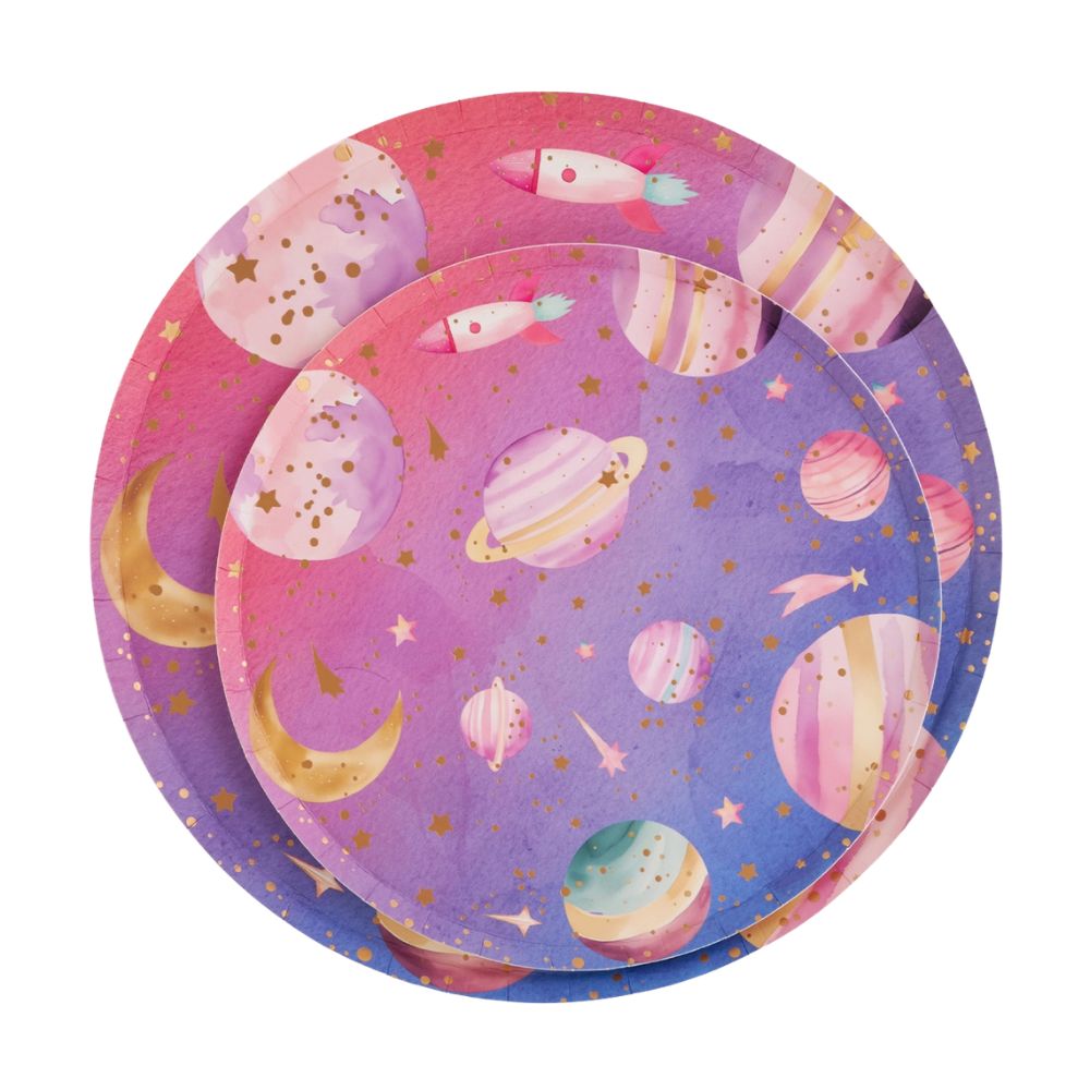 stacked galaxy paper plates with cosmic print