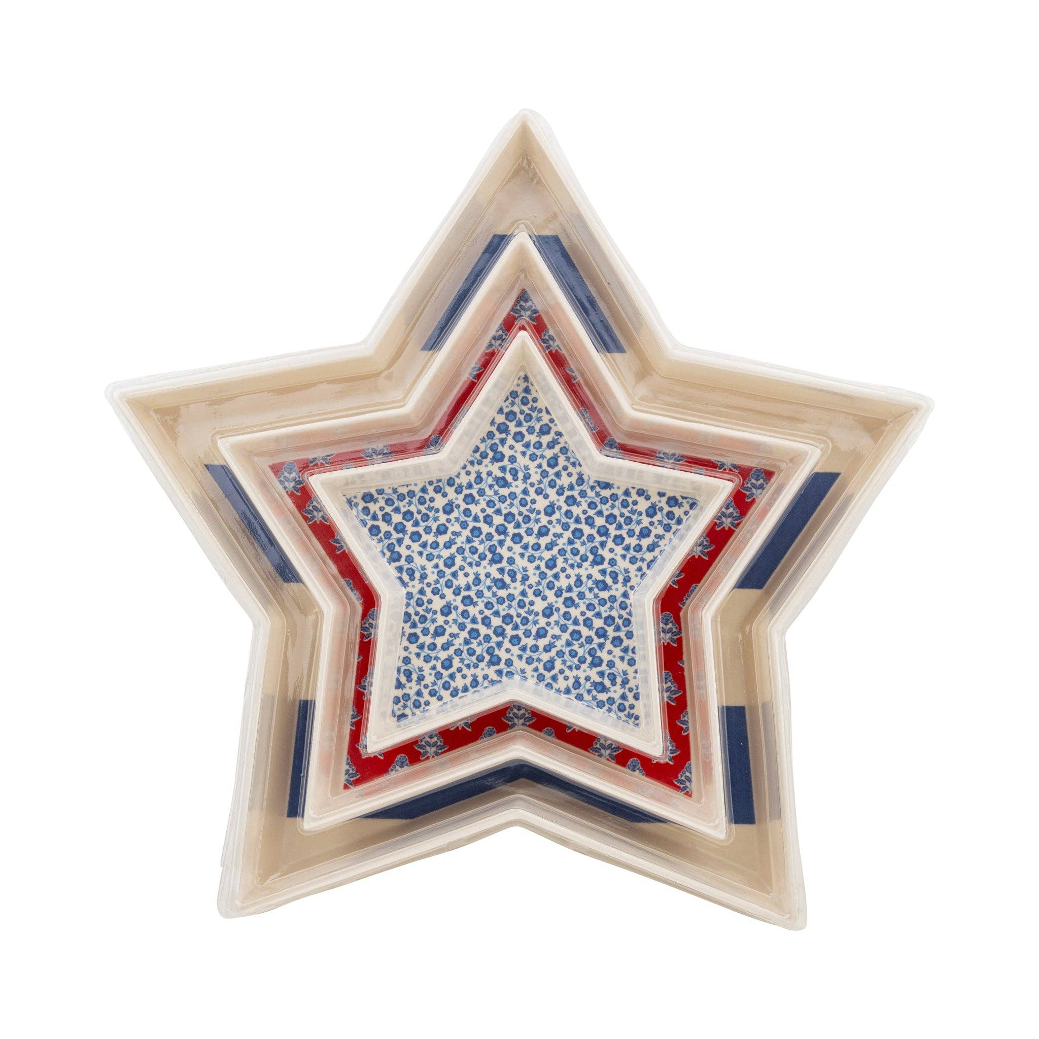 All three star shaped bamboo trays nested together showing stripe, red floral, and blue floral patterns