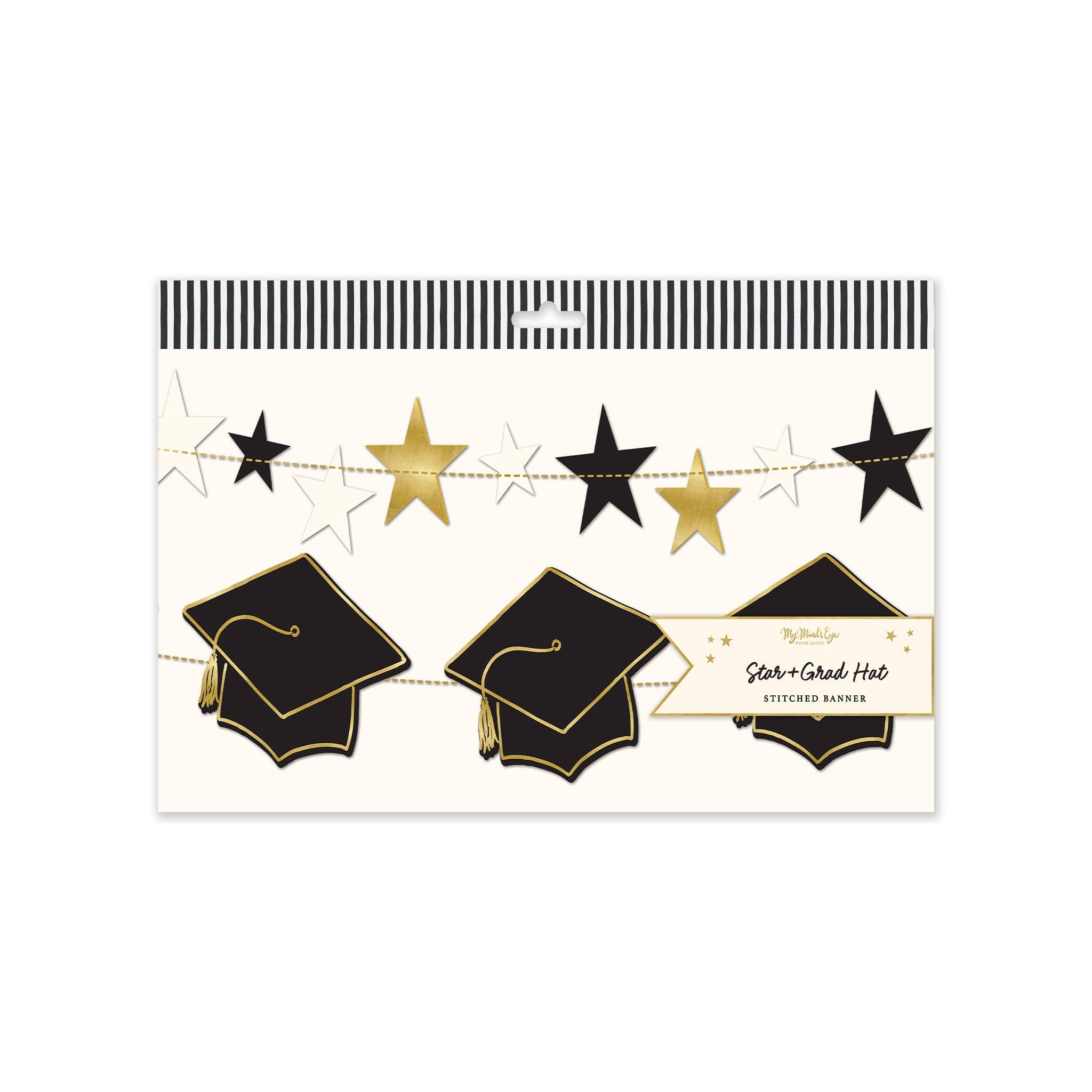 Packaging for a 2-piece graduation banner set featuring gold foil stars and black graduation caps.