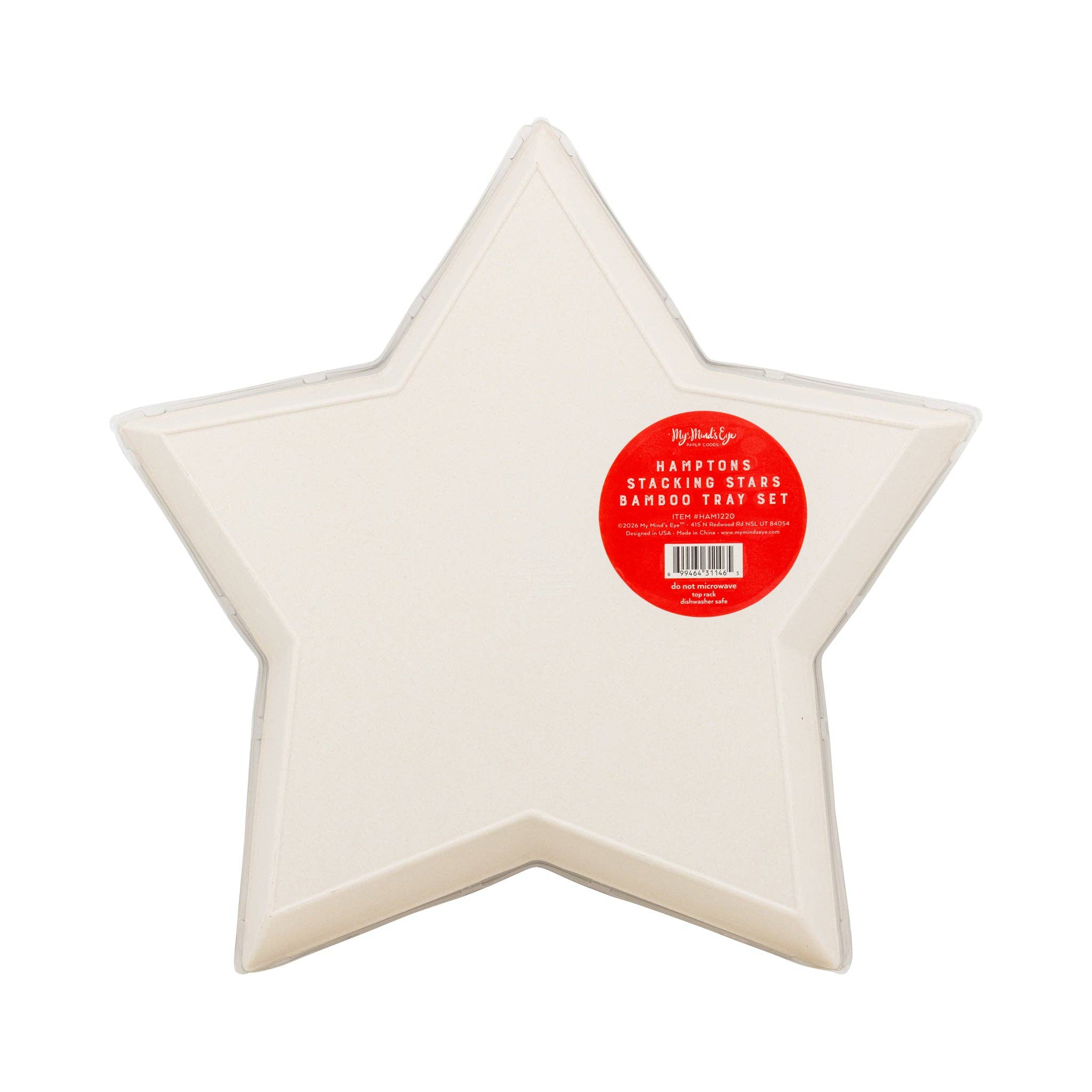 Back of largest star bamboo tray showing Hamptons Stacking Stars product label