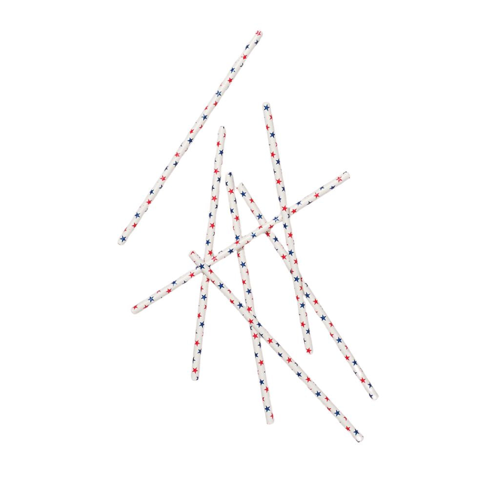 Paper straws with red and blue star pattern on white background