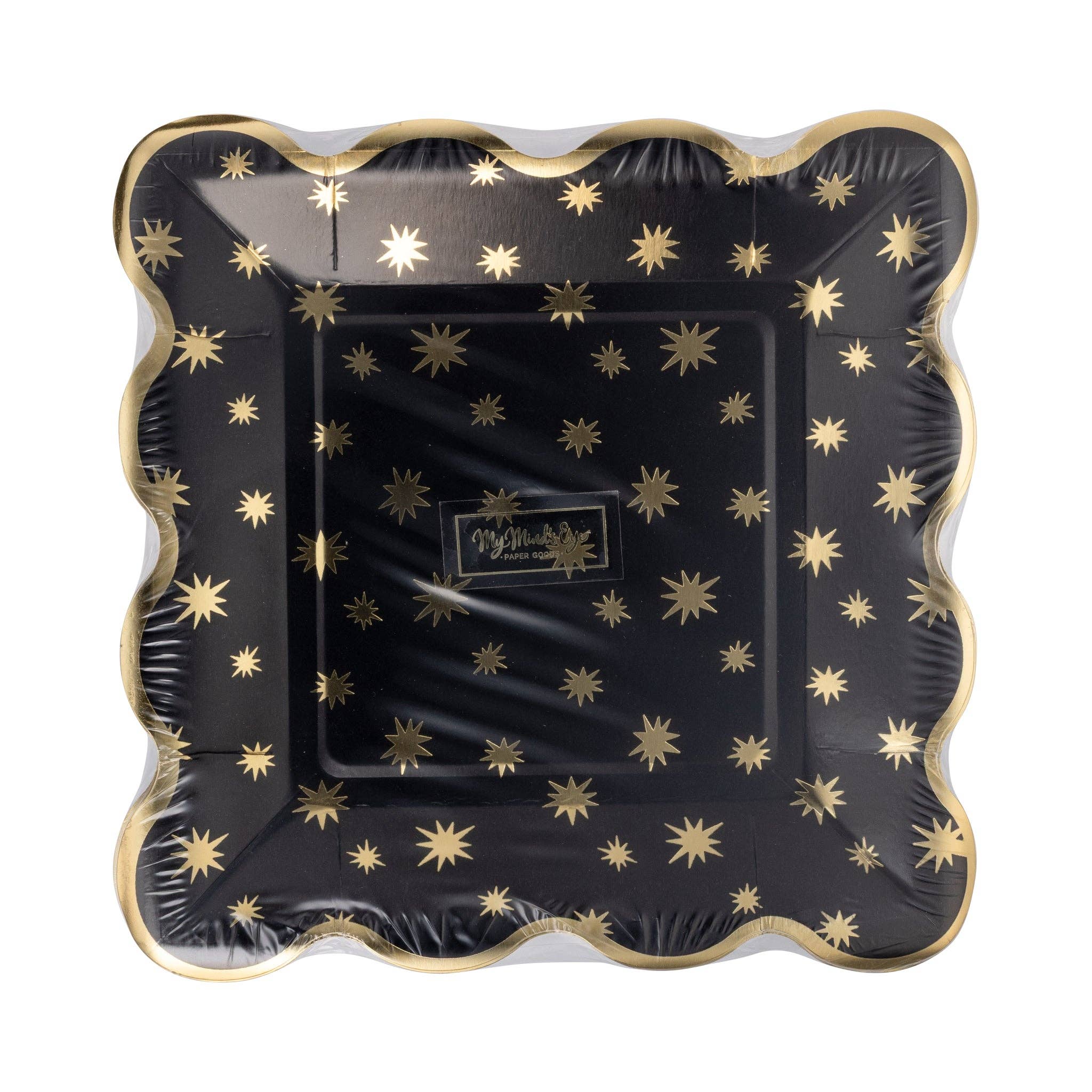 Packaged black and gold Star Pattern Plates with scalloped border
