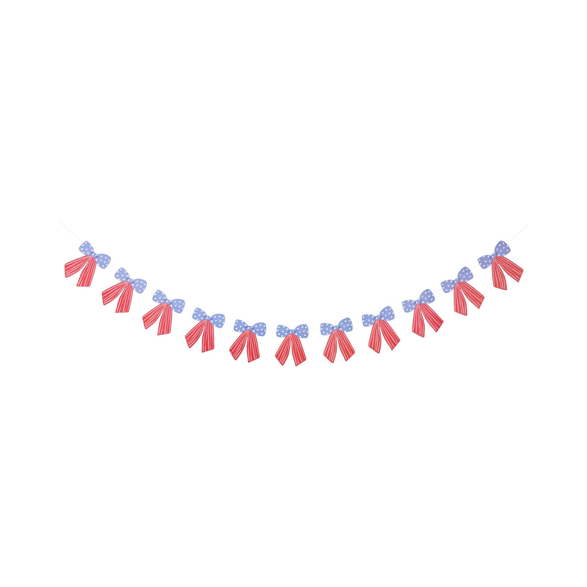 Flat lay of full stars and stripes bow banner on white background showing all eleven paper bows strung on cream twine